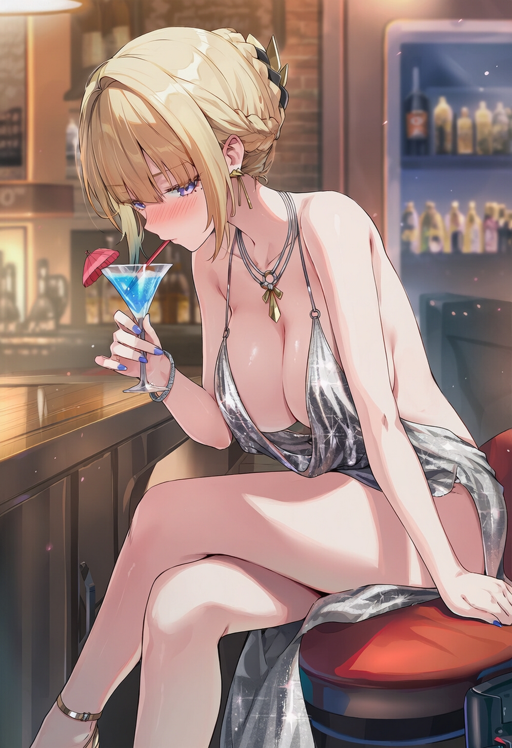 ai generated, alcoholic drink, big breasts, blonde-haired female, breasts, dress, drinking alcohol, embarrassed female, evelyn chevalier, female, female only, raaicave, zenless zone zero