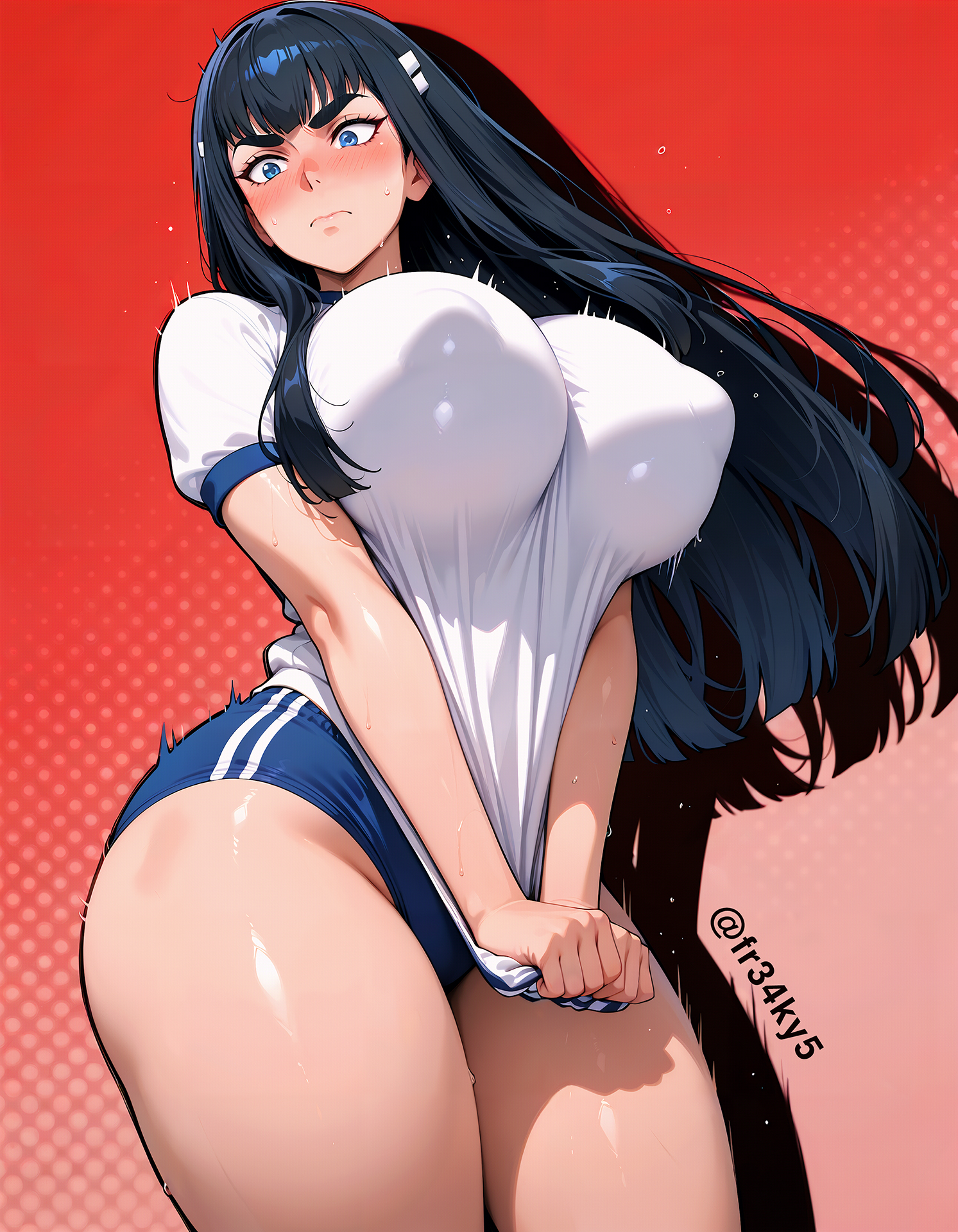 ai generated, breasts, buruma, covered nipples, embarrassed, female, fr34ky, gym uniform, huge breasts, kill la kill, kiryuuin satsuki, shirt tug