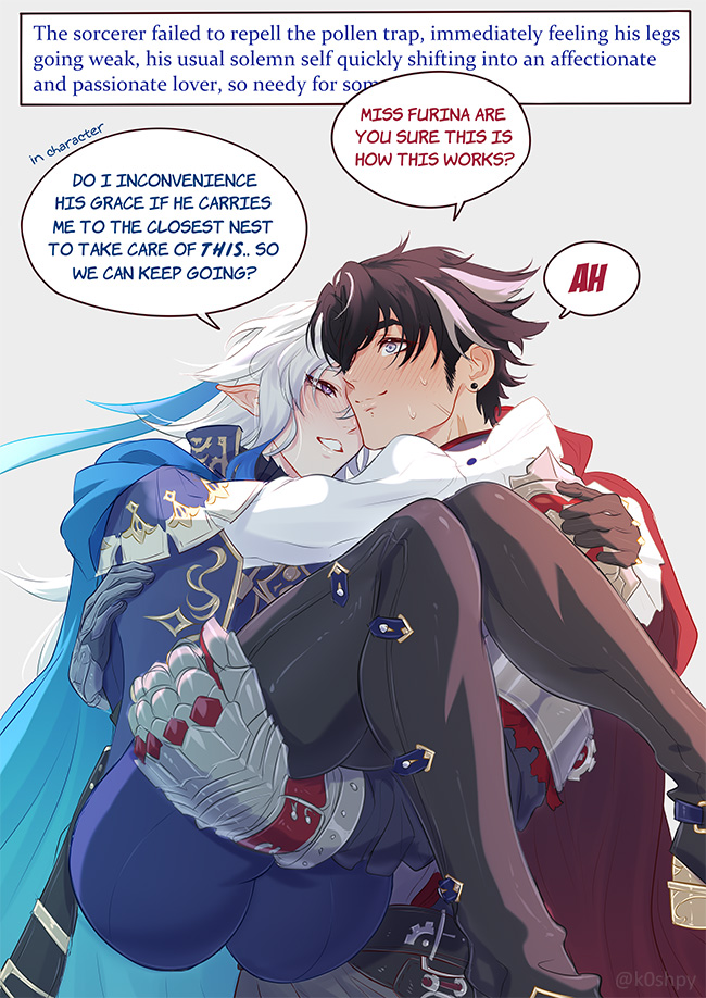 2boys, armored gloves, ass, ass focus, black hair, bubble ass, bubble butt, carrying, clothed, duo, embarrassed, gay, genshin impact, horny, k0shpy, long hair, male, male focus, male only, male/male, muscular, muscular male, neuvillette (genshin impact), roleplay, text, white hair, wriothesley (genshin impact), yaoi