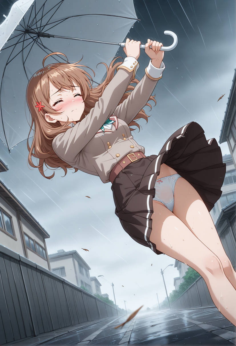 A schoolgirl battling the wind and rain her skirt teasingly lifted