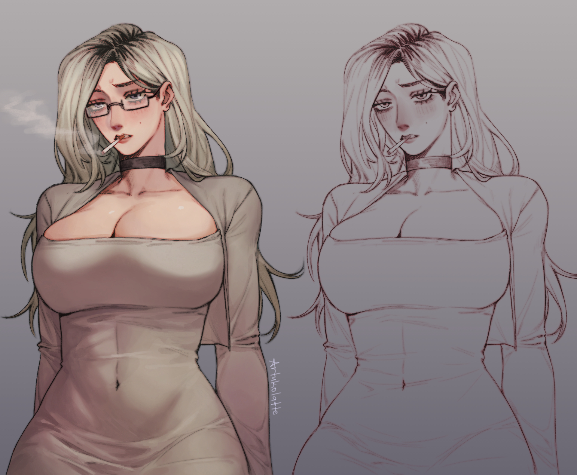 artukolatte, ass, big breasts, boob window, breasts, cigarette, cigarette in mouth, cleavage, clothed, clothes, clothing, curvaceous, curvaceous body, curvaceous female, curvaceous figure, curvaceous hips, curvy, curvy body, curvy female, curvy figure, curvy hips, dress, fat ass, female, female focus, female only, glasses, gokurakugai, gokurakugai sanbandori no ken, hips, long hair, smoking, tao saotome, thick hips, thick thighs, thighs, tight clothing, tight fit, tummy, wide hips