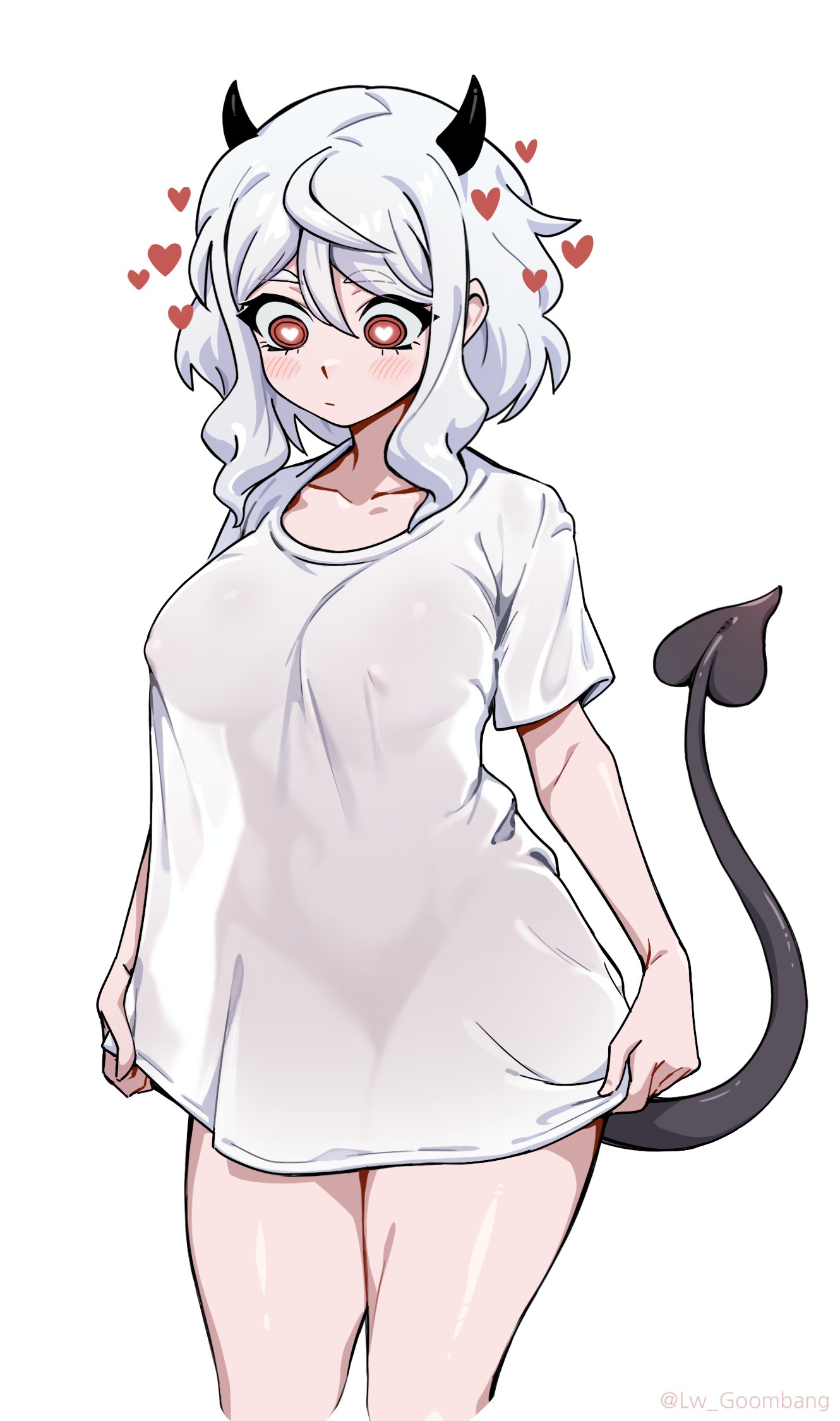 1girls, clothing, demon, demon girl, demon tail, female, helltaker, lwgoombang, modeus (helltaker), nipple bulge, sheer clothing, solo, solo female, t-shirt, t-shirt only, tail