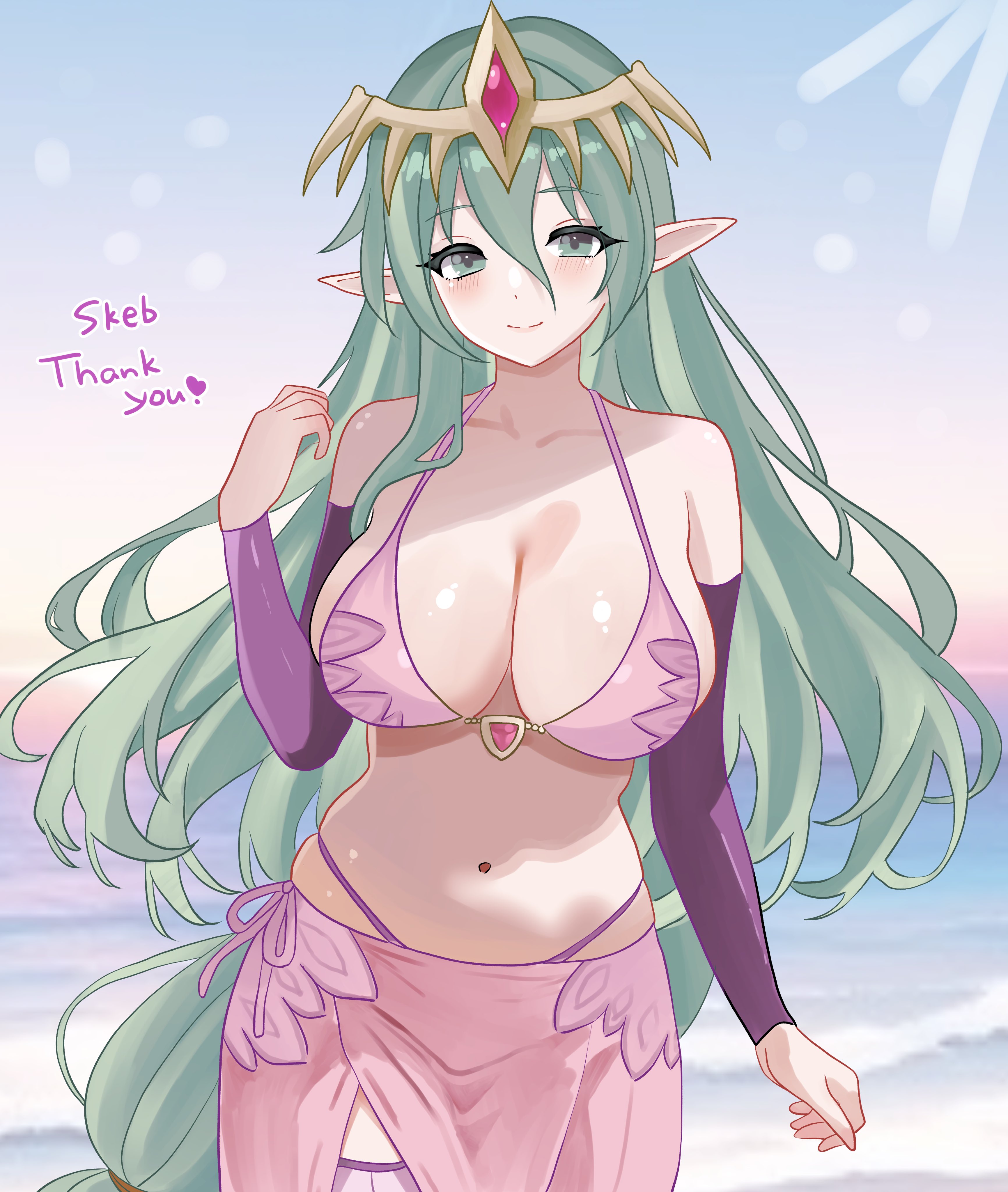 absurd res, alluring, big breasts, bikini, breasts, cleavage, closed mouth, commentary request, commission, cowboy shot, detached sleeves, female, fire emblem, fire emblem: new mystery of the emblem, fire emblem: shadow dragon, green eyes, green hair, hair between eyes, halterneck, hand up, headgear, high res, intelligent systems, long hair, long sleeves, looking at viewer, n 54, nagi (fire emblem), navel, nintendo, pink bikini, pink sarong, pointy ears, purple sleeves, sarong, skeb commission, skindentation, smile, standing, stomach, string bikini, swimsuit, very long hair