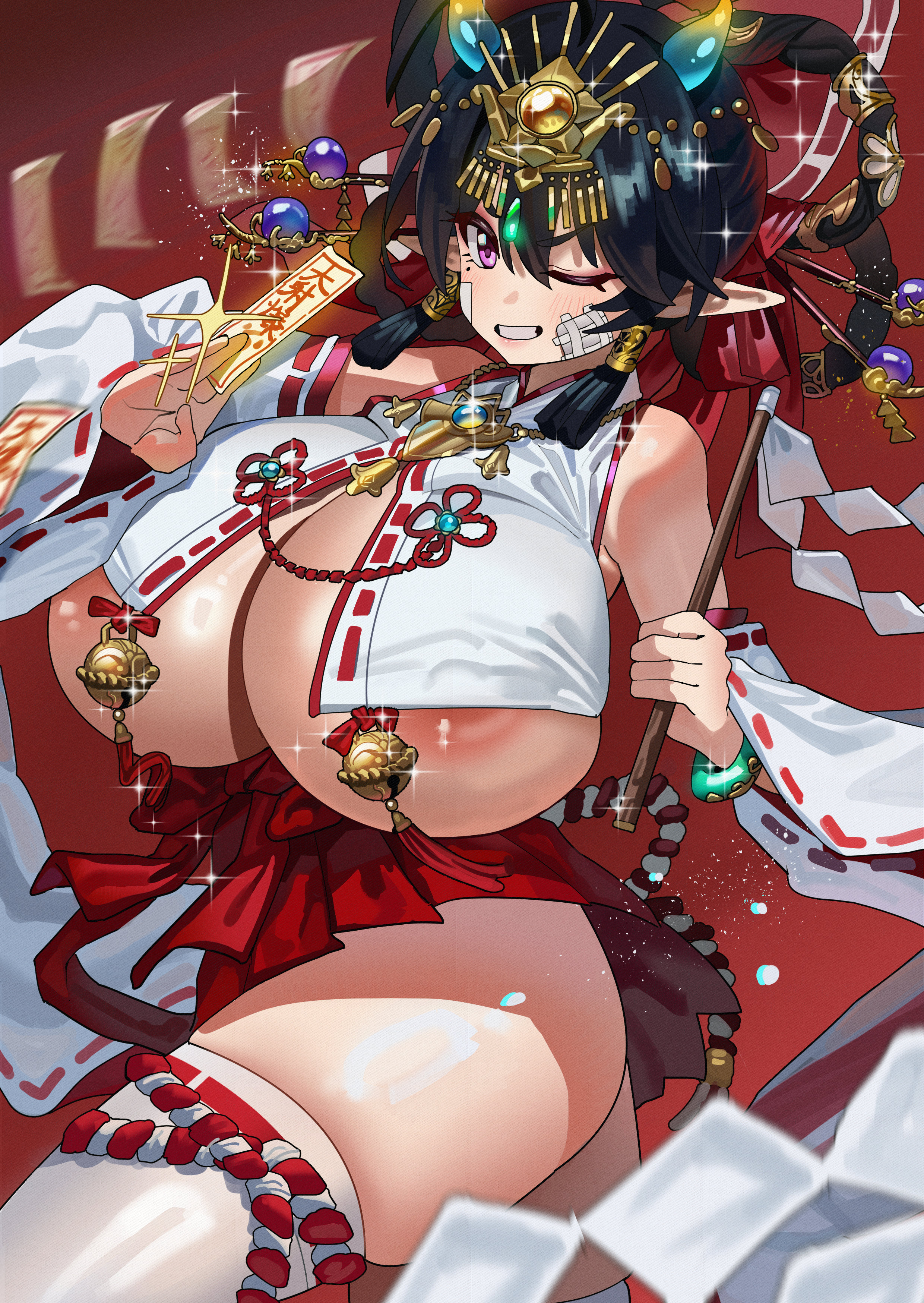 absurdres, areola slip, ass, bare shoulders, bell, black hair, borrowed character, bow, breasts, cleavage, clenched teeth, commission, covered erect nipples, cowboy shot, curvy, detached sleeves, feipin zhanshi, female, female focus, gauze, gauze on cheek, gohei, gradient background, hair ornament, hairpin, highres, holding, holding ofuda, hollow shine, huge breasts, japanese clothes, jewelry, large areolae, long hair, looking at viewer, miko, mole, mole under eye, motion blur, one eye closed, original, original character, pointy ears, purple eyes, red background, red skirt, revealing clothes, shiny skin, skindentation, skirt, smile, solo, star (symbol), teeth, thick thighs, thighhighs, thighs, underboob, white sleeves, white thighhighs, wide hips