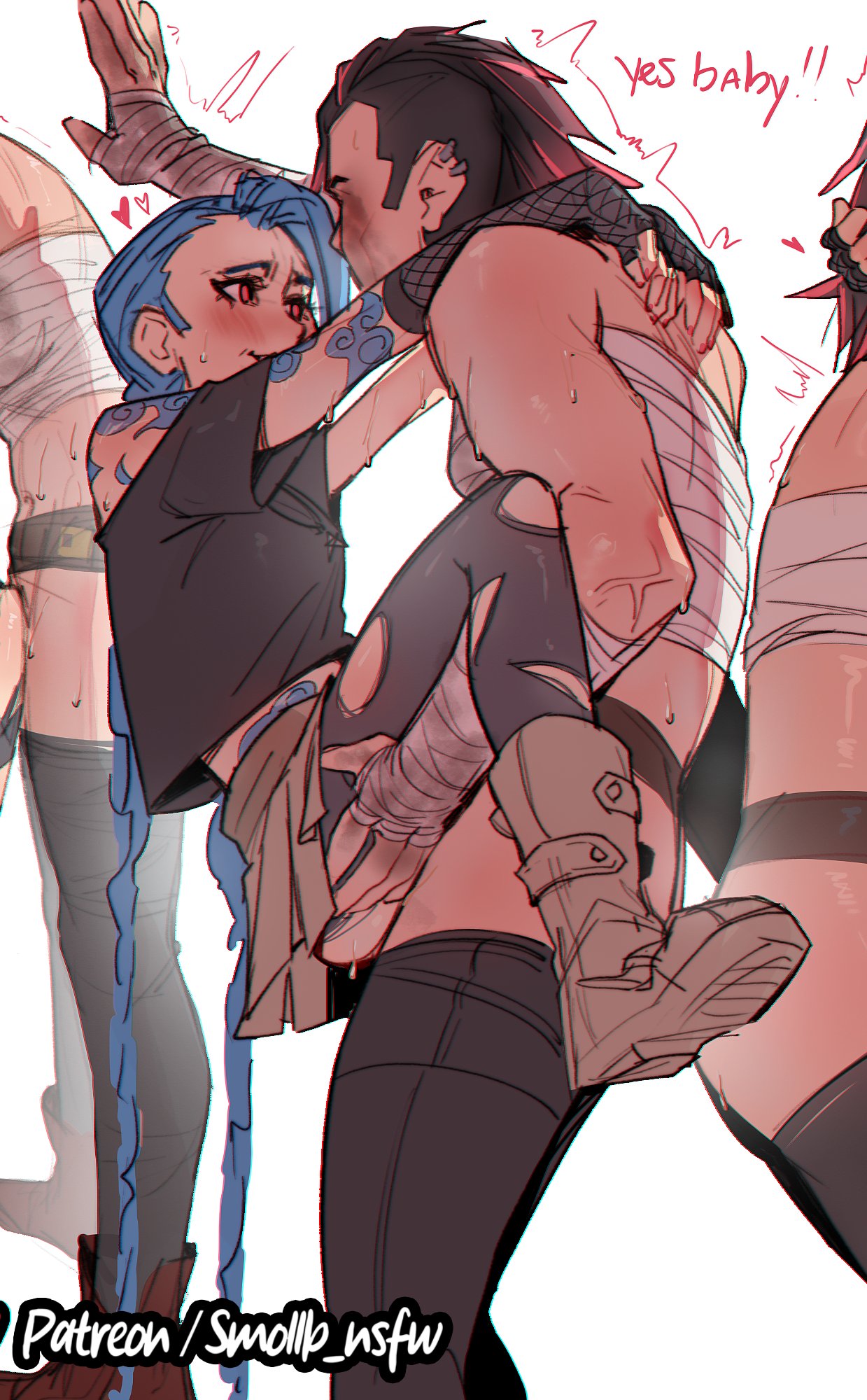 1futa, 1girls, arcane, arcane jinx, arcane vi, blue hair, blush, family breeding, female, futa on female, futanari, incest, incest (lore), intersex, jinx (league of legends), league of legends, muscular, muscular futa, penetration, pink hair, riot games, senin, sex, sisters, smollb nsfw, spread legs, stand and carry position, standing, standing sex, sweat, sweaty, vaginal penetration, vi