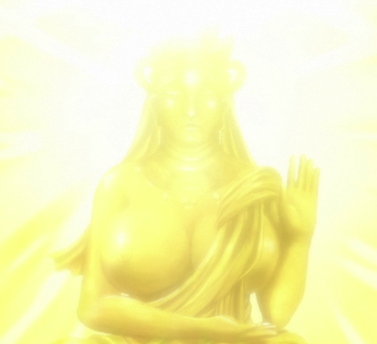 1girls big_breasts breast_out breasts cleavage divine female goddess golden_skin huge_breasts manyuu_chifusa manyuu_hikenchou nipples robe shiny