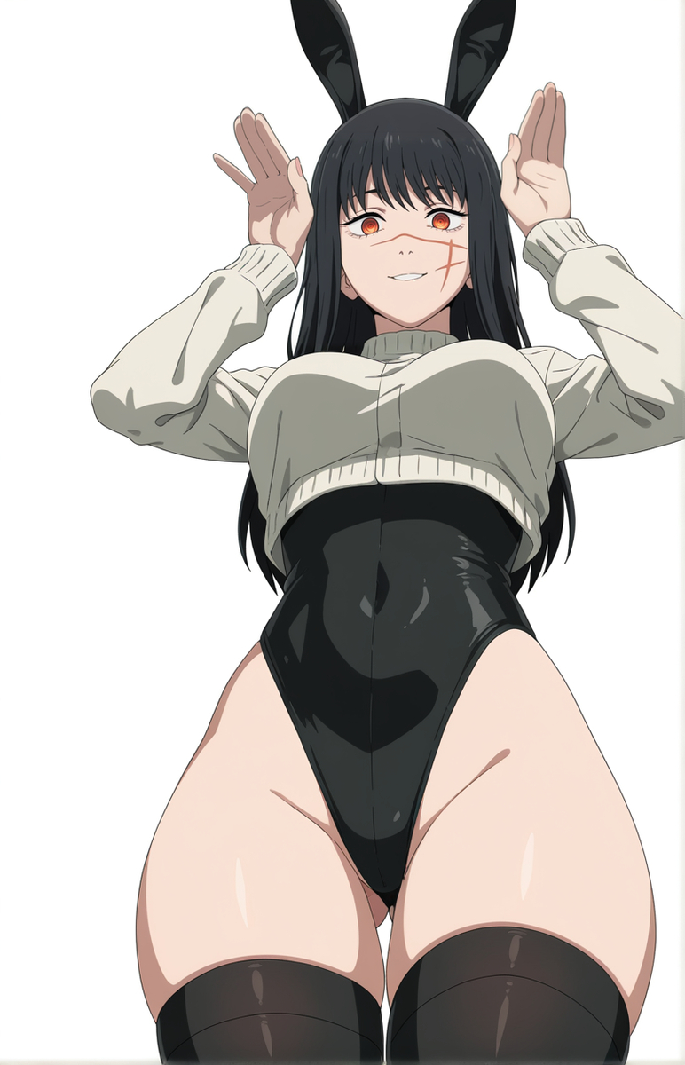 1girls, ai generated, black bunnysuit, black hair, black thighhighs, bunny ears, bunnysuit, chainsaw man, crop top sweater, female, kreivan, solo, sweater, thighhighs, white sweater, yoru (chainsaw man)