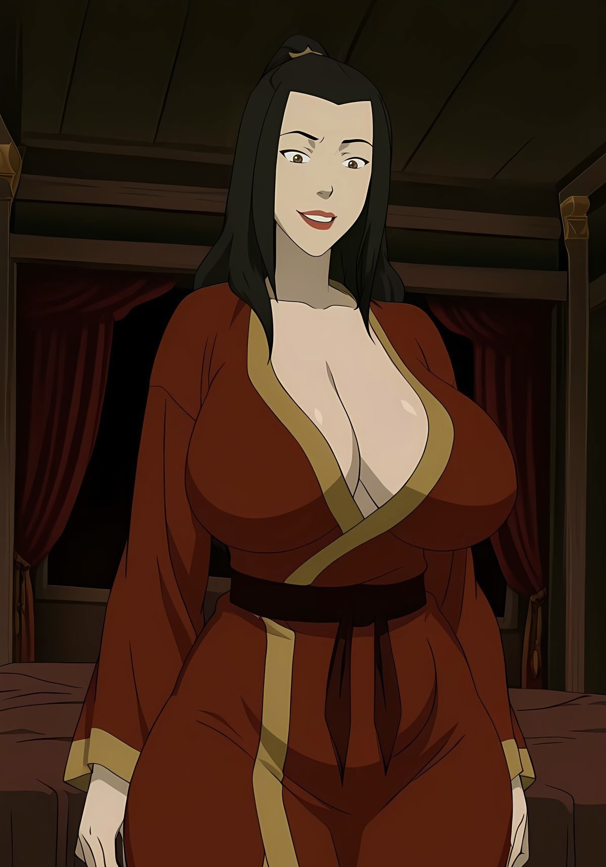 1girls, aged up, ai generated, avatar legends, avatar the last airbender, ayyaai, azula, bedroom, belly, breasts, child bearing hips, cleavage, dark hair, female, huge breasts, light skin, light-skinned female, mature female, milf, red lipstick, robe, solo, solo female, thick thighs, wide hips, yellow eyes