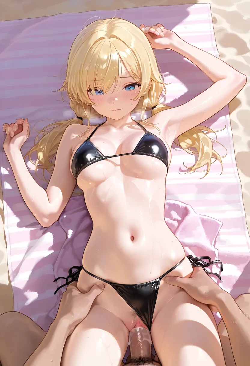 ai generated, beach, bikini, black bikini, blonde hair, breasts, female, medium breasts, missionary position, morpholi, original character, pussy, sand, sex, towel, twintails, vaginal penetration, vaginal sex