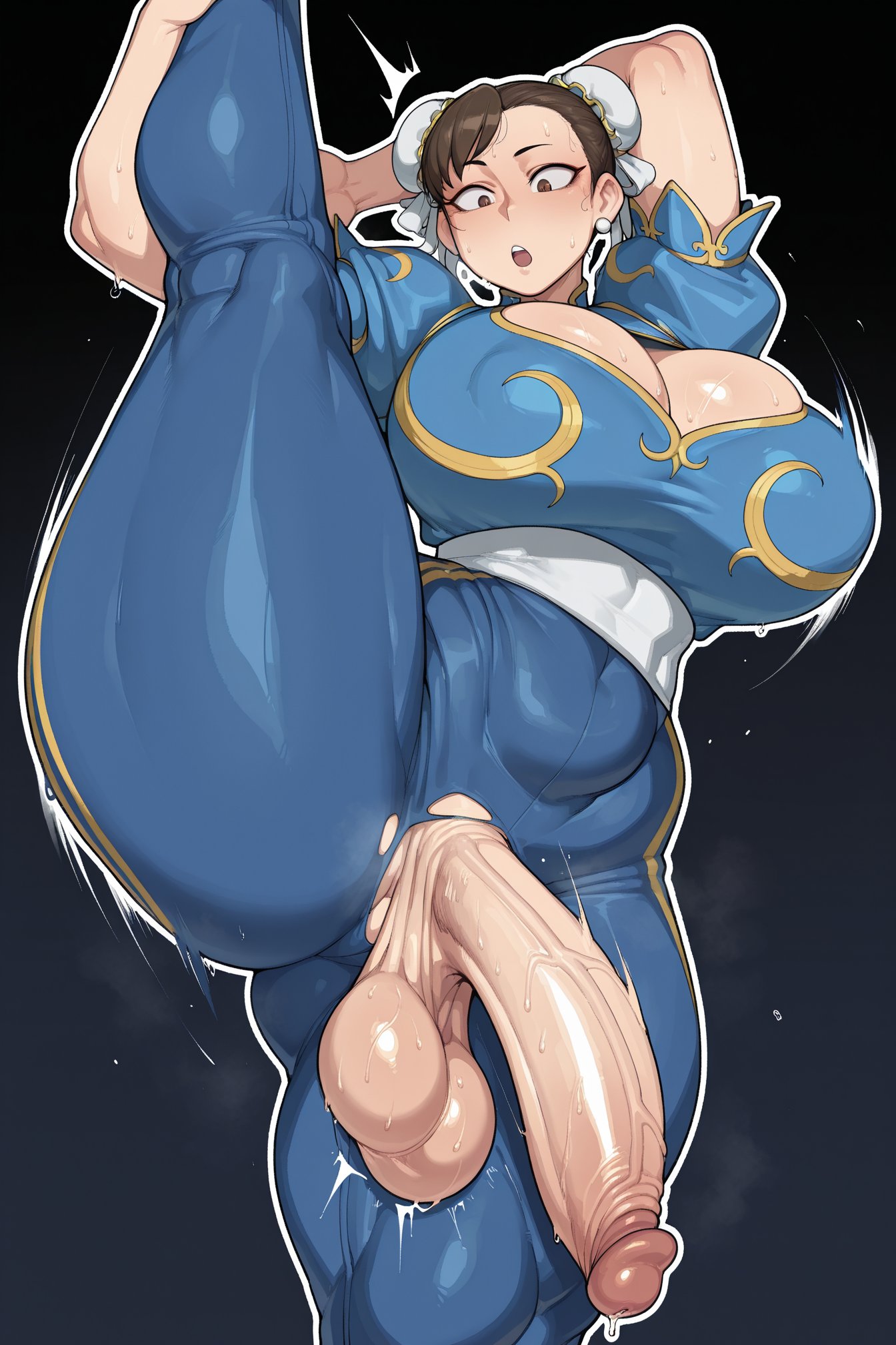 ai generated, asian, asian female, athletic female, balls, bare thighs, big balls, big penis, blush, breasts, brown eyes, brown hair, capcom, chun-li, female, futa only, futanari, gigantic breasts, gigantic penis, hairbow, hanging balls, hanging penis, huge balls, huge breasts, huge cock, huge testicles, huge thighs, intersex, light skin, light-skinned female, looking down, low-angle view, massive breasts, muscular, muscular futa, oiled body, oiled skin, open mouth, penis, penis out, poney, ripped pants, squatting, street fighter, stretching, sweat, sweatdrop, testicles, the milk man, thick body, thick female, thick penis, thick thighs, thighhighs, thighs, thighs bigger than head, veiny penis, voluptuous, voluptuous futa