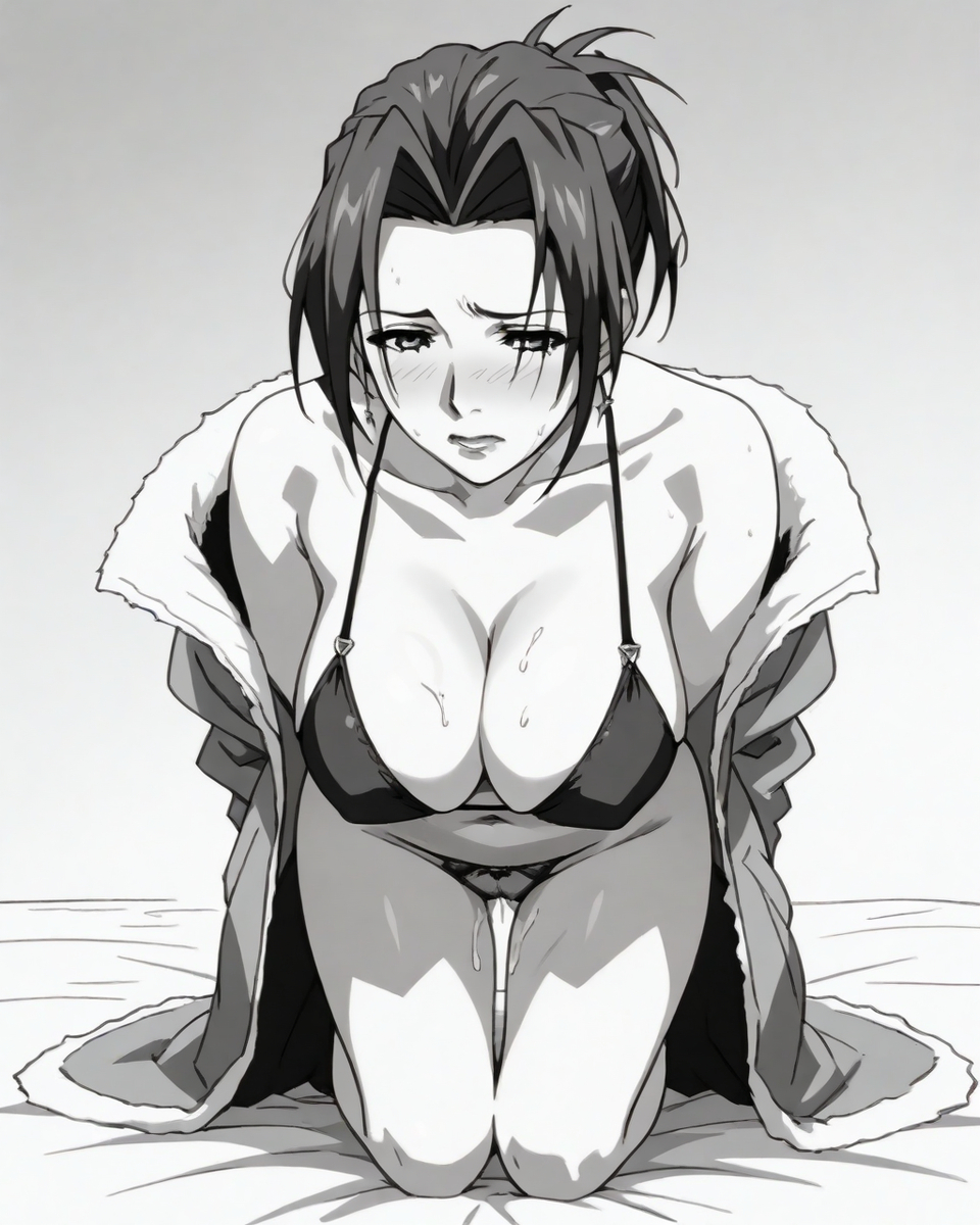 1girls ai_generated amamiya_misako black_and_white black_bra black_hair black_panties black_underwear blushing bra monochrome panties solo taboo_charming_mother underwear wife_hub