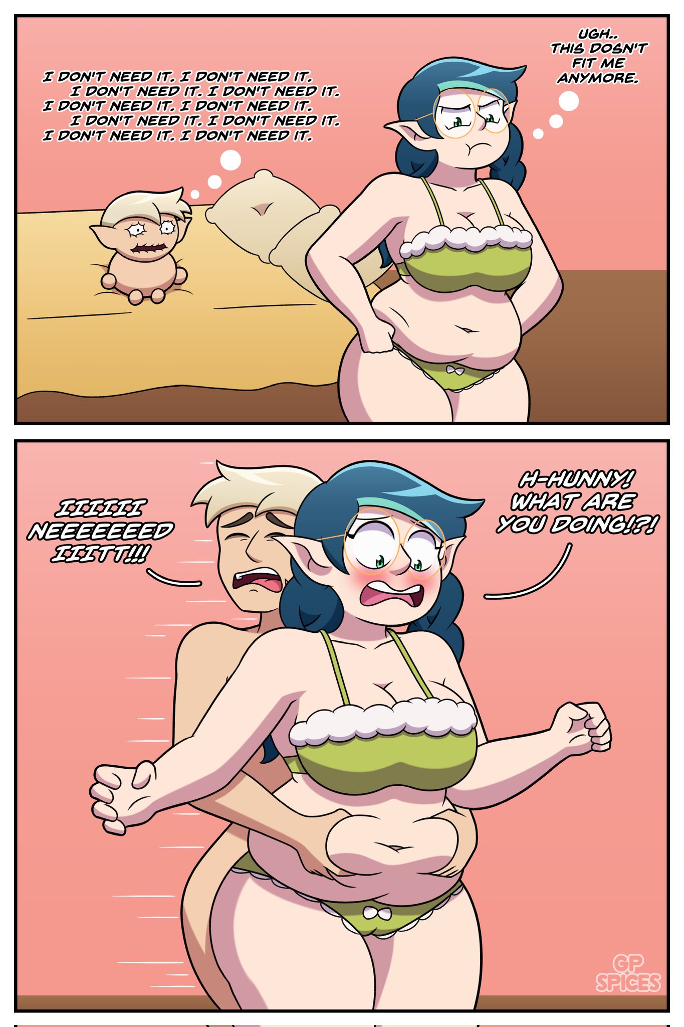 1boy, 1girls, adorable, bbw, big breasts, breasts, chubby, chubby female, disney, disney channel, english text, female, glasses, gp spices, huge breasts, hunter (the owl house), light skin, light-skinned female, light-skinned male, love handles, male, plump, pointy ears, spongebob reference, the owl house, thick thighs, underwear, voluptuous, voluptuous female, wholesome, willow park
