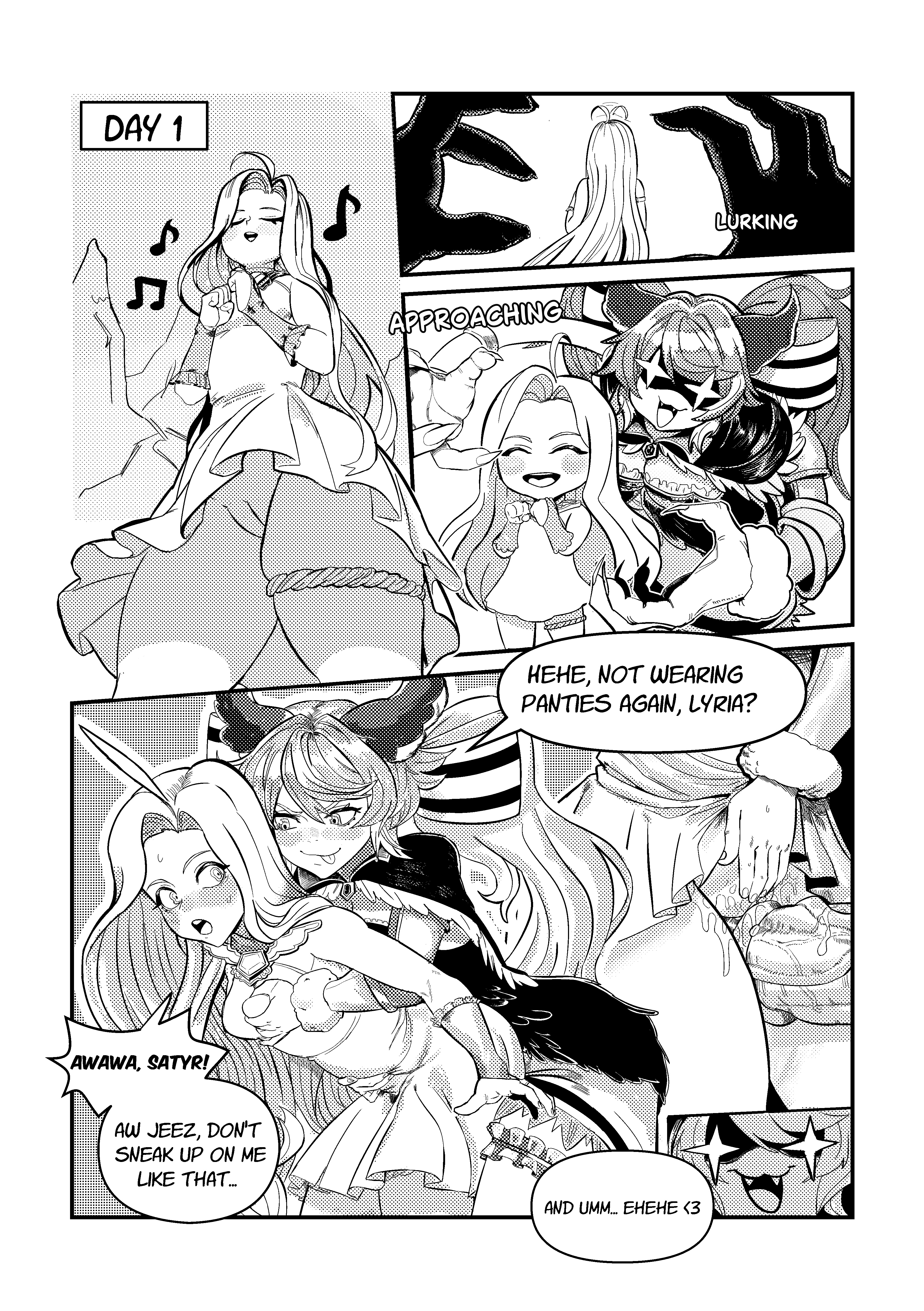 1futa, 1girls, comic, comic page, female, futa on female, futanari, granblue fantasy, horse penis, horsecock, horsecock on humanoid, intersex, lyria (granblue fantasy), monochrome, monster girl, osumaruart, penis, satyr (granblue fantasy), self upload