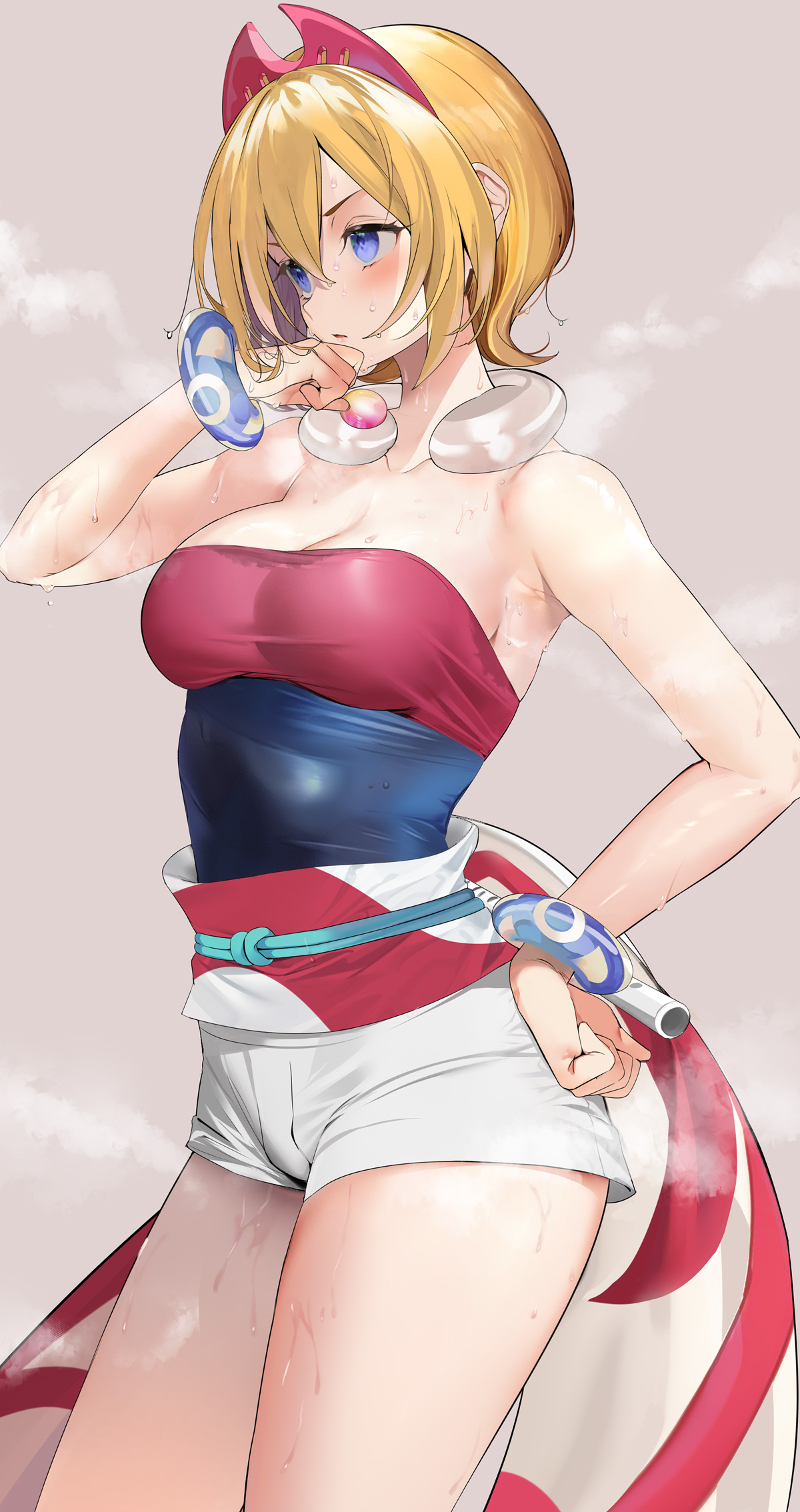 1girls, armpits, bare arms, bare shoulders, blonde hair, blue eyes, blush, breasts, cleavage, commentary, contrapposto, crop top, dripping, female, female only, grey background, hair ornament, hairband, hand on own chin, hand on own hip, high-waist shorts, highres, irida (pokemon), jewelry, looking ahead, marushin (denwa0214), medium breasts, neck ring, parted lips, pokemon, red hairband, shirt, short hair, short shorts, shorts, simple background, solo, stained clothes, steam, steaming body, strapless, strapless shirt, sweat, sweaty clothes, thighs, wet, wet hair, white shorts, wiping sweat