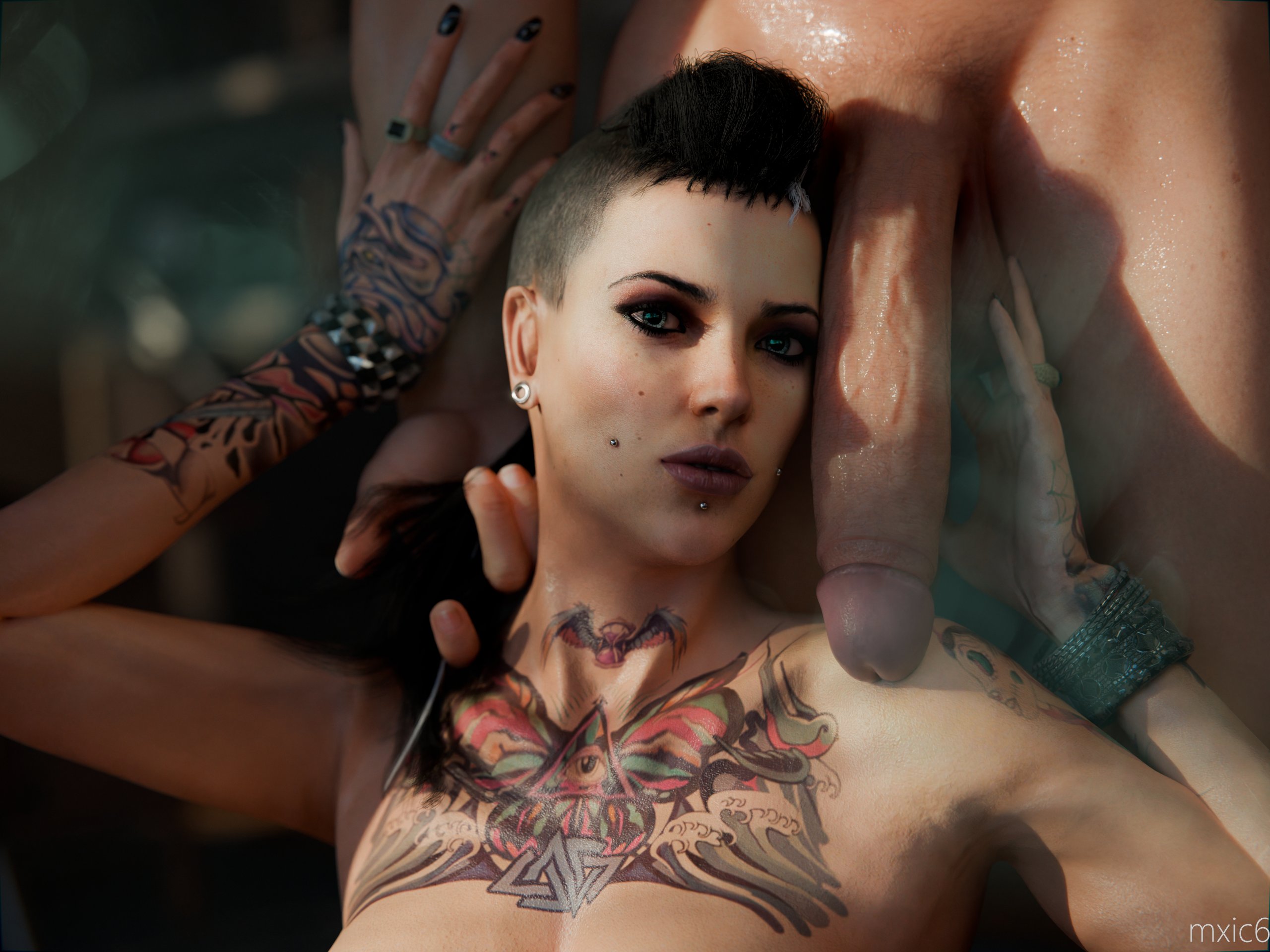 1boy, 1girls, 3d, big penis, black hair, clara lille, female, male, mohawk, mxic6, penis, piercing, piercings, punk, short hair, tattoo, ubisoft, veiny penis, watch dogs