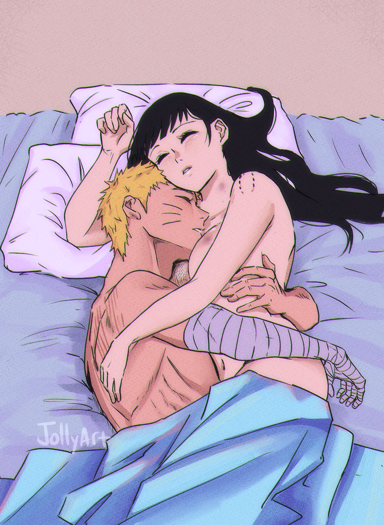 1boy artist_name bandaged_arm bandages bite_mark black_hair blonde_hair embrace embracing facial_mark female highres hug hugging husband_and_wife hyuuga_hinata indoors jolly_(jollyfarts) long_hair male naruto:_the_last naruto_(series) navel nipples nude on_bed pillow short_hair sleeping straight uzumaki_naruto whisker_markings wholesome