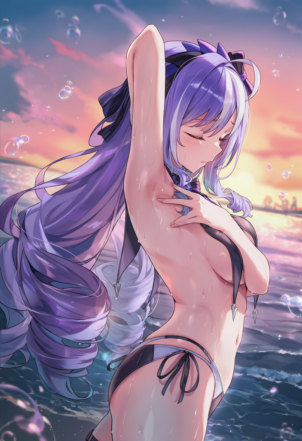 ai generated, armpit, bikini top removed, curvy body, curvy female, curvy figure, female, female focus, female only, ocean background, one arm up, raaicave, sky background, sunset background, vivian (zenless zone zero), vivian banshee, zenless zone zero