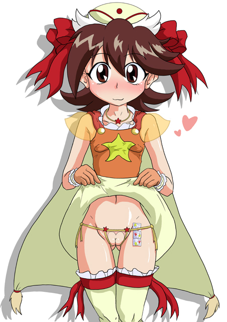 00s 1girls :3 bakuten_shoot_beyblade beyblade breasts brown_hair cape clothing condom dress female hilary_tachibana human light-skinned_female light_skin looking_at_viewer pussy short_hair skirt small_breasts smile solo sweat underwear