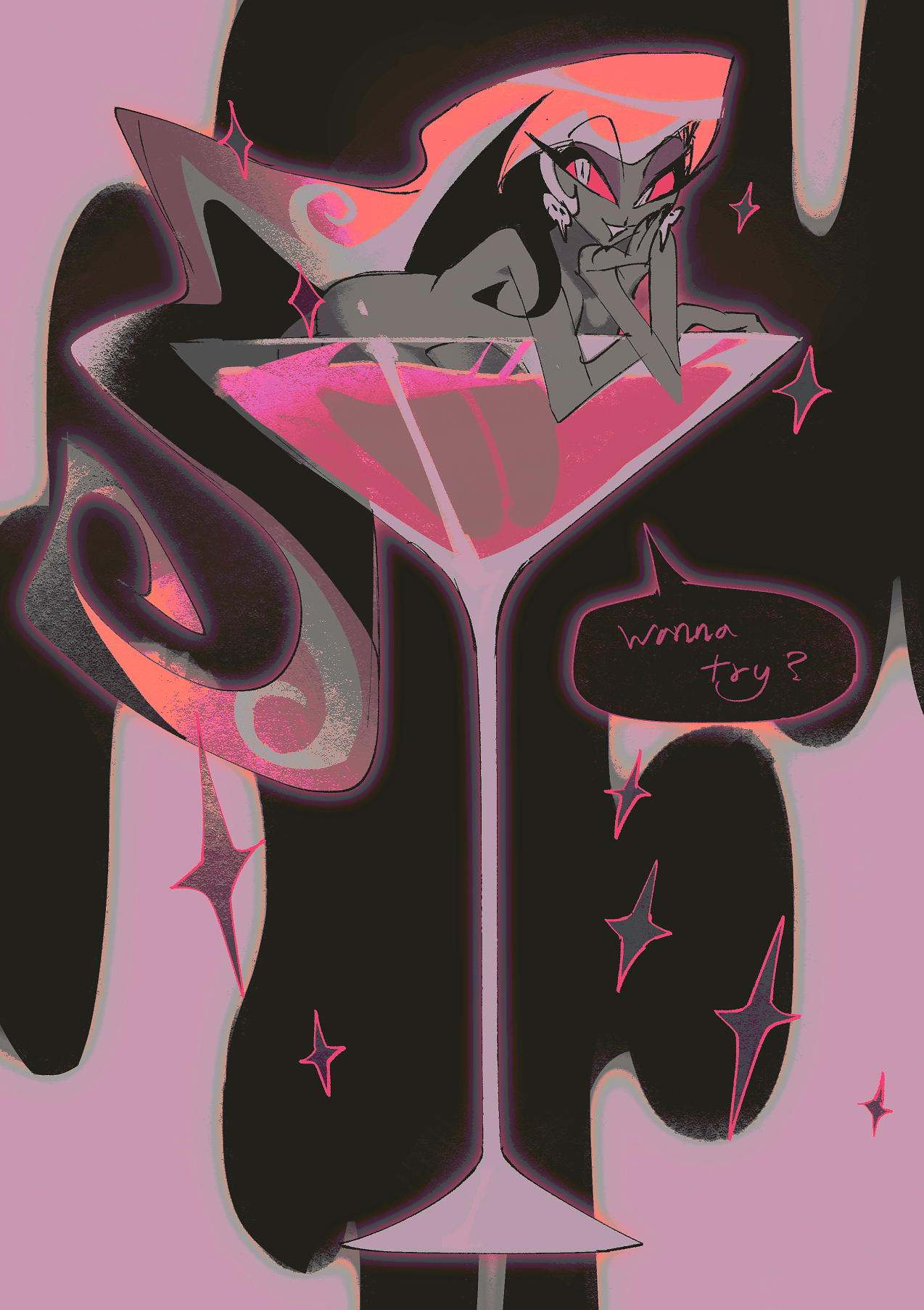 1girls, alcohol, alcoholic drink, artist request, british, british female, completely nude, dark skin, demon, demon girl, female, hazbin hotel, long hair, martini glass, naked, naked female, nude, red eyes, small, tagme, velvette, vivienne medrano, vivziepop