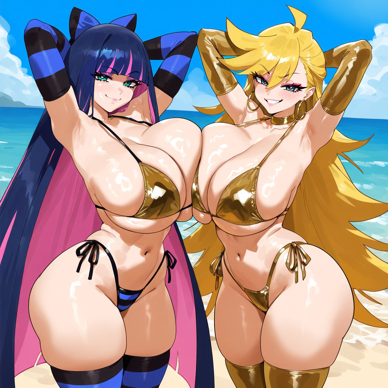2girls ahoge bangs bare_shoulders bikini blonde_hair blue_bow blue_eyes blue_hair blue_thighhighs blunt_bangs blush bow breasts cleavage collarbone colored_inner_hair elbow_gloves female gloves gold_bikini golden_week golden_week_bikini hair_between_eyes hairbow highleg highleg_bikini large_breasts long_hair looking_at_viewer lucyla medium_breasts model_request multicolored_hair multiple_girls navel outdoors panty_&_stocking_with_garterbelt panty_anarchy pink_hair shiny siblings side-tie_bikini_bottom sisters smile stocking_anarchy stomach string_bikini striped striped_bikini striped_thighhighs swimsuit thighhighs tropical two-tone_hair very_long_hair