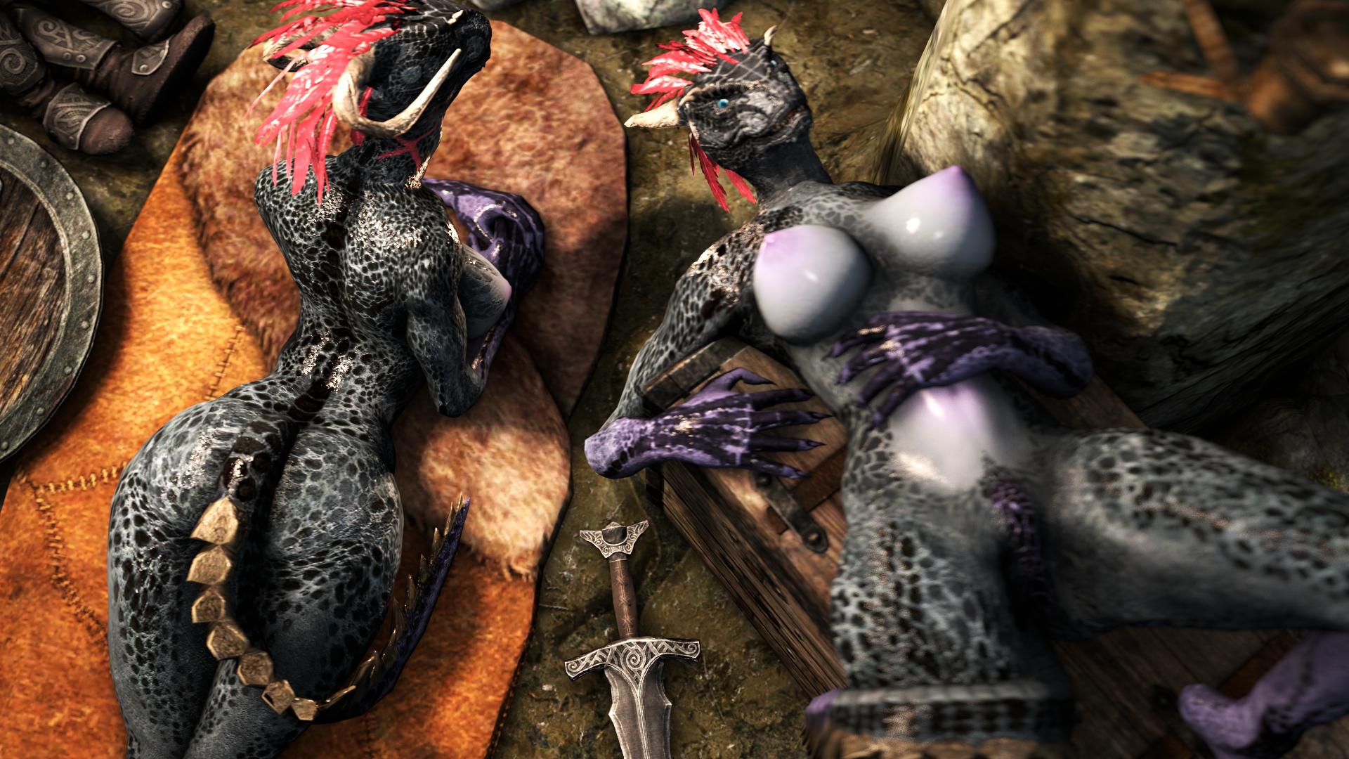 2017, 2girls, 3d, areolae, argonian, ass, big ass, big breasts, blue eyes, breasts, claws, female, highres, horns, large breasts, legs, lizard, multiple females, multiple girls, nipples, nude, on back, on stomach, pussy, reptile, scales, scalie, scrungusbungus, skyrim, stomach, sword, tail, the elder scrolls, weapon