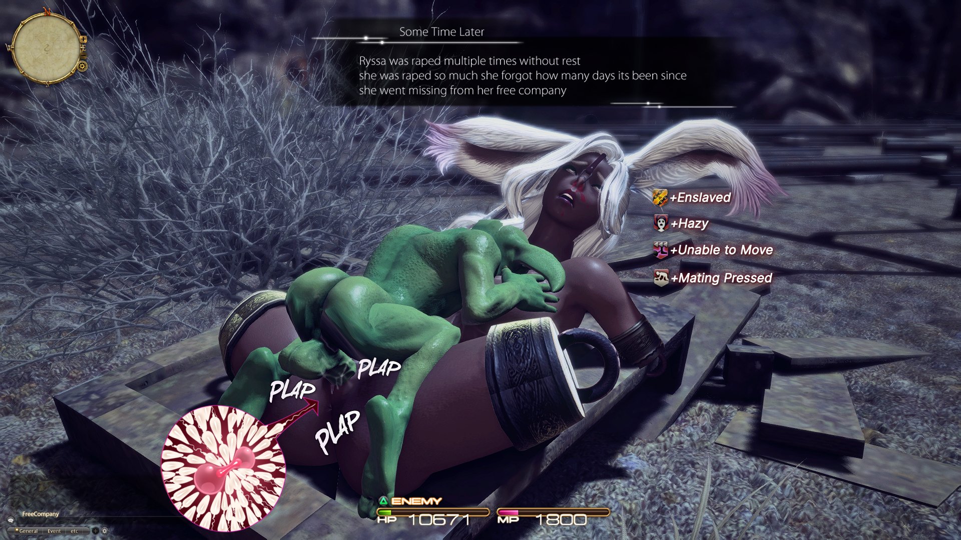 3d, anonorenk, broken rape victim, dark skin, dark-skinned female, defeated, defeated heroine, english text, female, final fantasy xiv, fucked into submission, fucked senseless, gameplay mechanics, goblin, goblin rape, gpose (ffxiv), helpless, impregnation, larger female, male, nose hook, quadruple amputee, rape, raped by enemy, small dom big sub, smaller male, viera