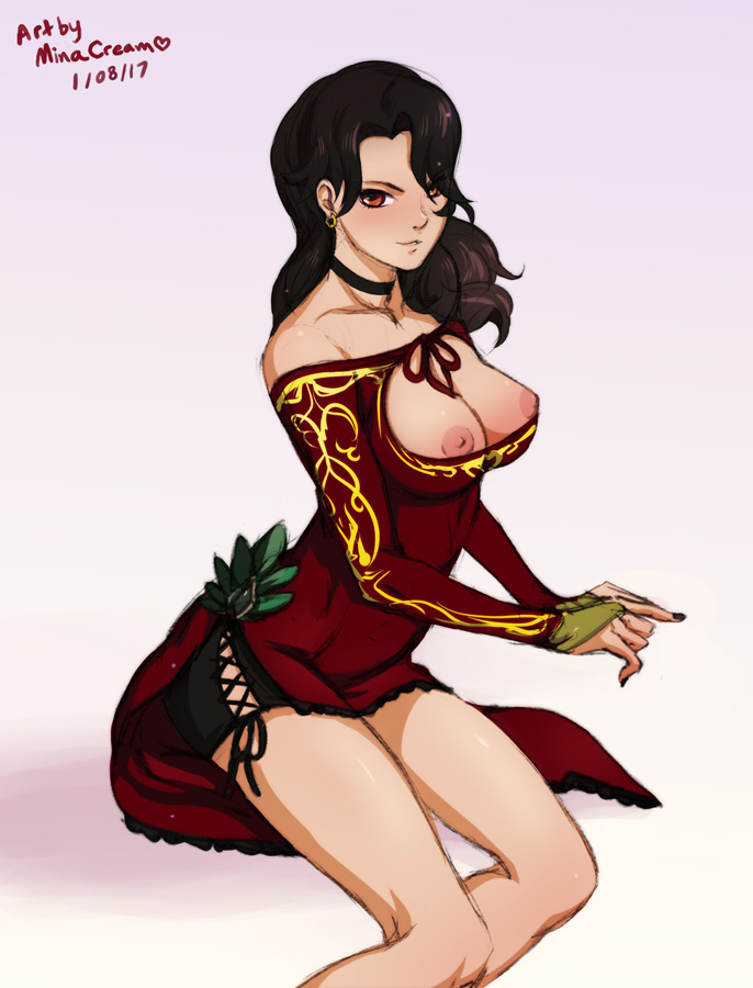 arm warmers, artist name, bare shoulders, black hair, breasts, choker, cinder fall, dress, earrings, elbow gloves, female, long hair, looking at viewer, minacream, nail polish, nipples, orange eyes, over shoulder, rwby, shorts, sitting, thighs