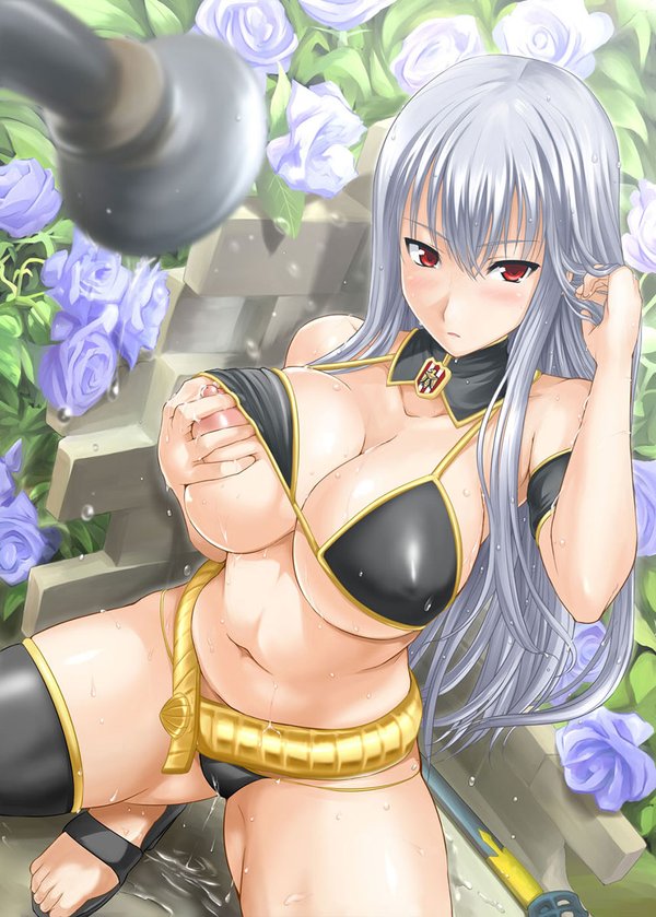 adjusting_hair akino_hamo bikini blue_rose blush breast_grab breasts cleavage curvy feet female flower grabbing huge_breasts large_breasts long_hair looking_at_viewer navel parted_lips pov red_eyes rose sandals self_fondle selvaria_bles shower silver_hair single_thighhigh solo squatting stockings strap_gap swimsuit thighhighs valkyria_chronicles valkyria_chronicles_1 very_long_hair water wet