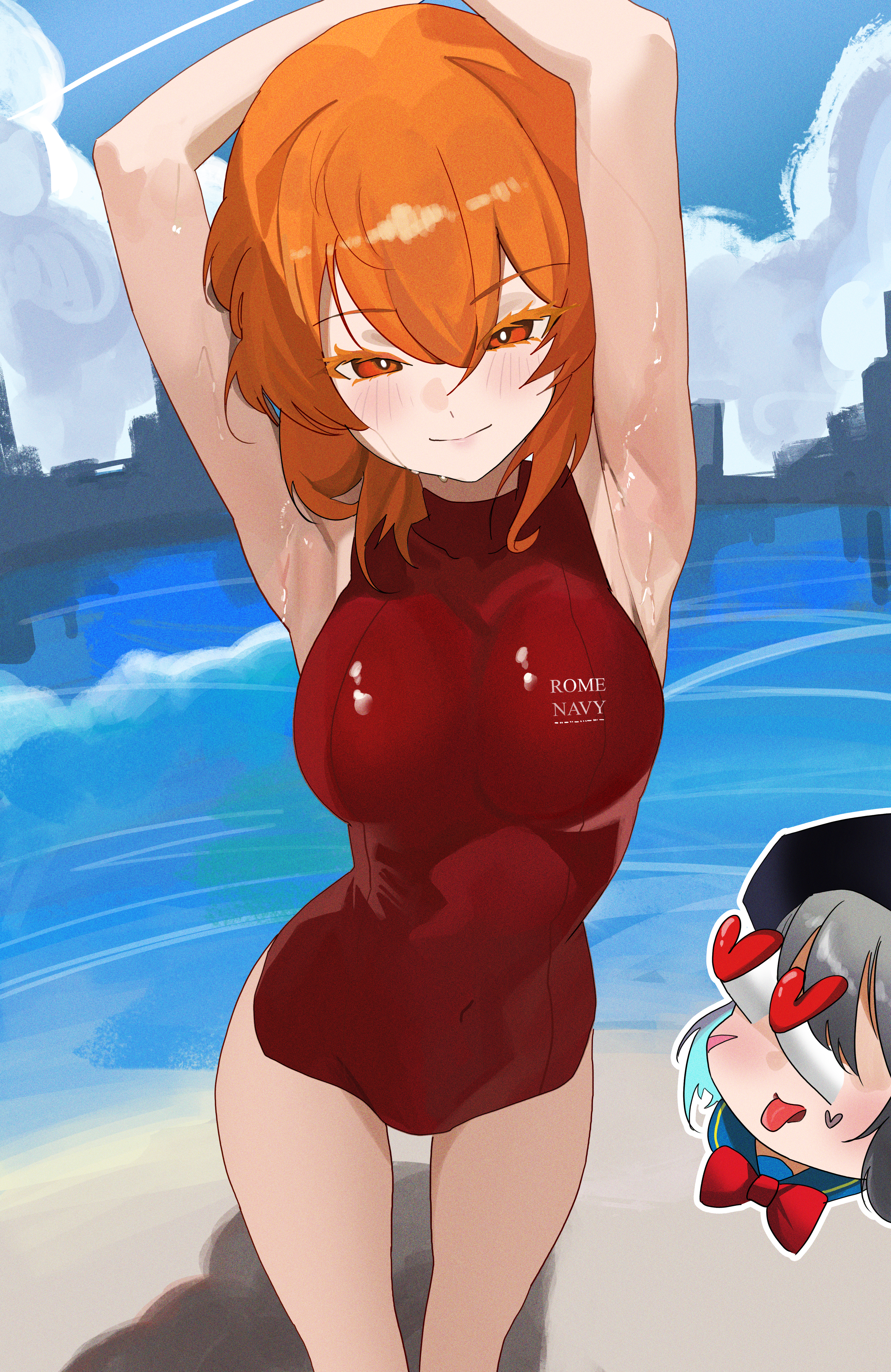 armpit, armpits, arms up, awooga, beach, breasts, buddy (buddies), centurii-chan (character), ecchi, female, fit, golden eyes, golden hair, looking at viewer, marking below eyes, one piece swimsuit, smug, sweaty, swimsuit