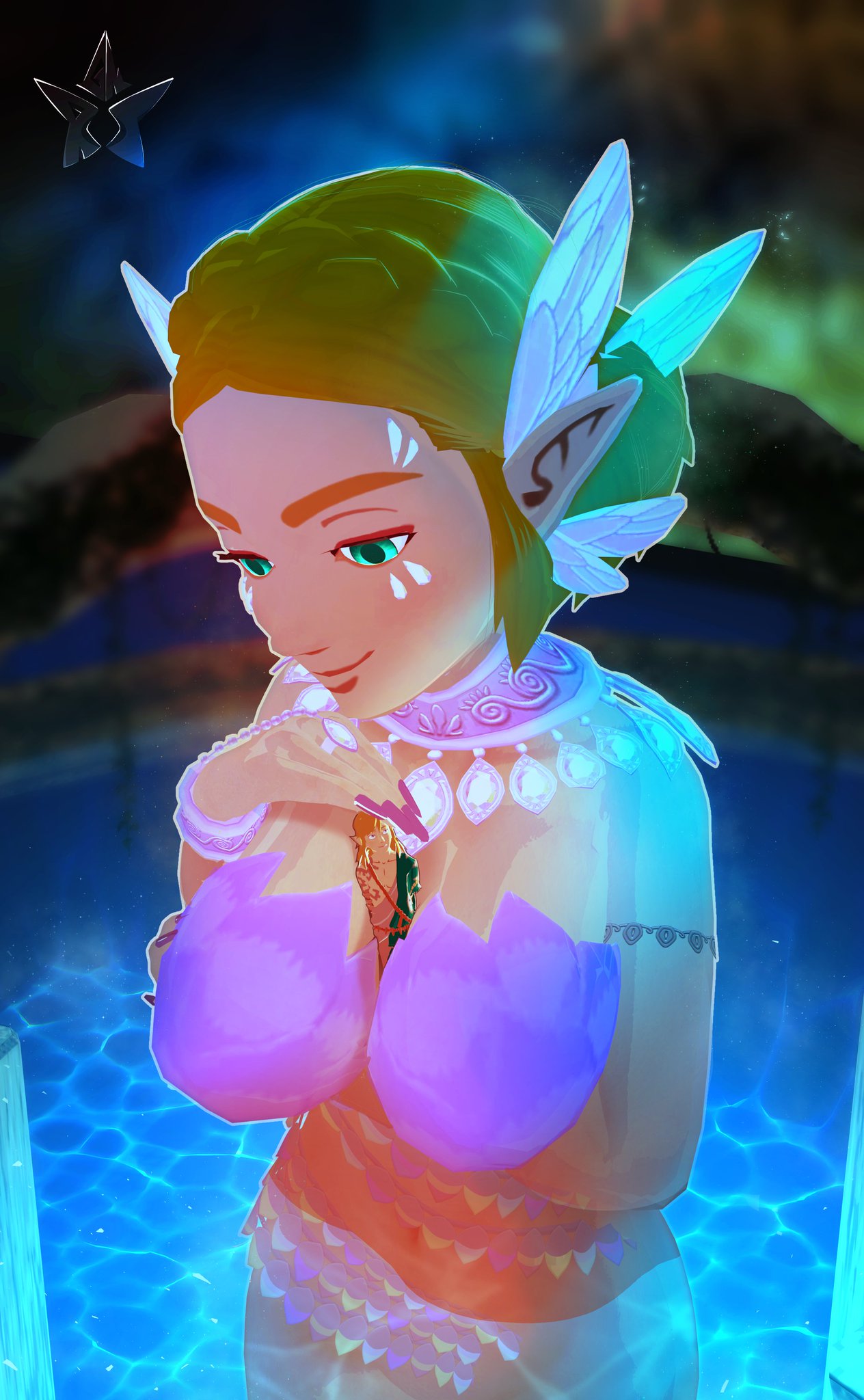 3d, archaic tunic, beautiful, beauty, bra, breasts, chest, female, giant fairy, giant female, giantess, great fairy, guinreds, jewelry, link, link (tears of the kingdom), makeup, male, merfolk, mermaid, nails, necklace, nintendo, pool, princess zelda, ring, smaller male, tears of the kingdom, the legend of zelda, zelda (tears of the kingdom)