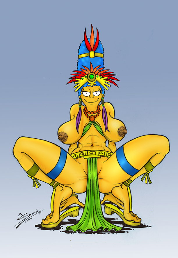 armless, blue eyes, bracelet, breasts, female, gradient background, grey background, large breasts, long breasts, long hair, looking at viewer, marge simpson, mayan, mayan mythology, necklace, necronocimon, pelvic curtain, spread legs, taller female, the simpsons, yellow body
