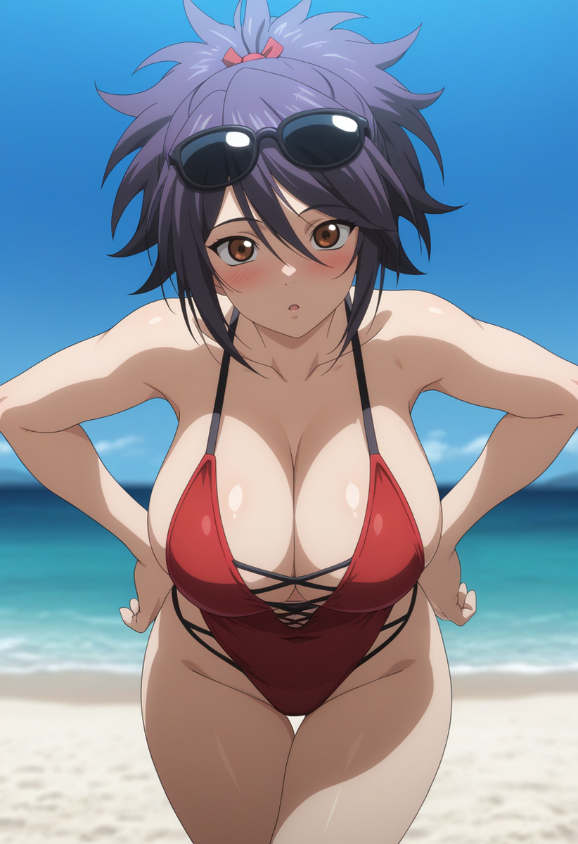 1girls ai_generated black_hair kreivan one-piece_swimsuit red_one-piece_swimsuit sheena_fujibayashi solo sunglasses sunglasses_on_head swimsuit tales_of_(series) tales_of_symphonia