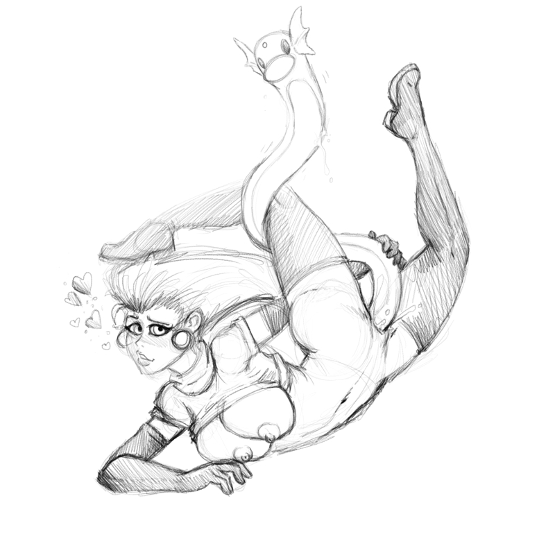 ambiguous gender, areolae, blush, boots, bottomless, breasts, clothing, dragon, dratini, duo, earrings, female, fleatrollus, gloves, heart, human, insertion, interspecies, jessie (pokemon), large breasts, lipstick, living dildo, long hair, monochrome, monster, mostly nude, navel, nipples, nude, pokemon, pokephilia, pussy, scalie, shirt, shirt lift, sketch, smile, spread legs, team rocket, thigh high boots, thighhighs, unbirth, unbirthing, vore, white background
