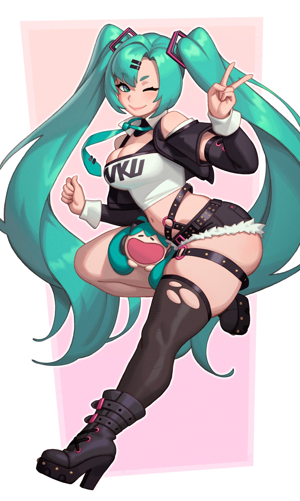 1girl, 1girls, anime, aqua eyes, aqua hair, ass, bare shoulders, bent leg, black footwear, black sleeves, black thighhighs, blue hair, boots, booty, breasts, cleavage, cosplay, crop top, curvy figure, detached sleeves, female, female only, full body, green eyes, green hair, hair ornament, hairclip, hatsune miku, heel boots, hi res, high heel boots, high heels, long hair, long twintails, looking at viewer, medium breasts, midriff, navel, necktie, nicole demara (cosplay), one eye closed, pink background, plushie, rizdraws, short shorts, shorts, single thighhigh, skindentation, smile, smiling, smiling at viewer, solo, thick ass, thick thighs, thighhighs, torn clothes, torn thighhighs, twintails, v, v sign, very long hair, vocaloid, wink, winking at viewer, zenless zone zero