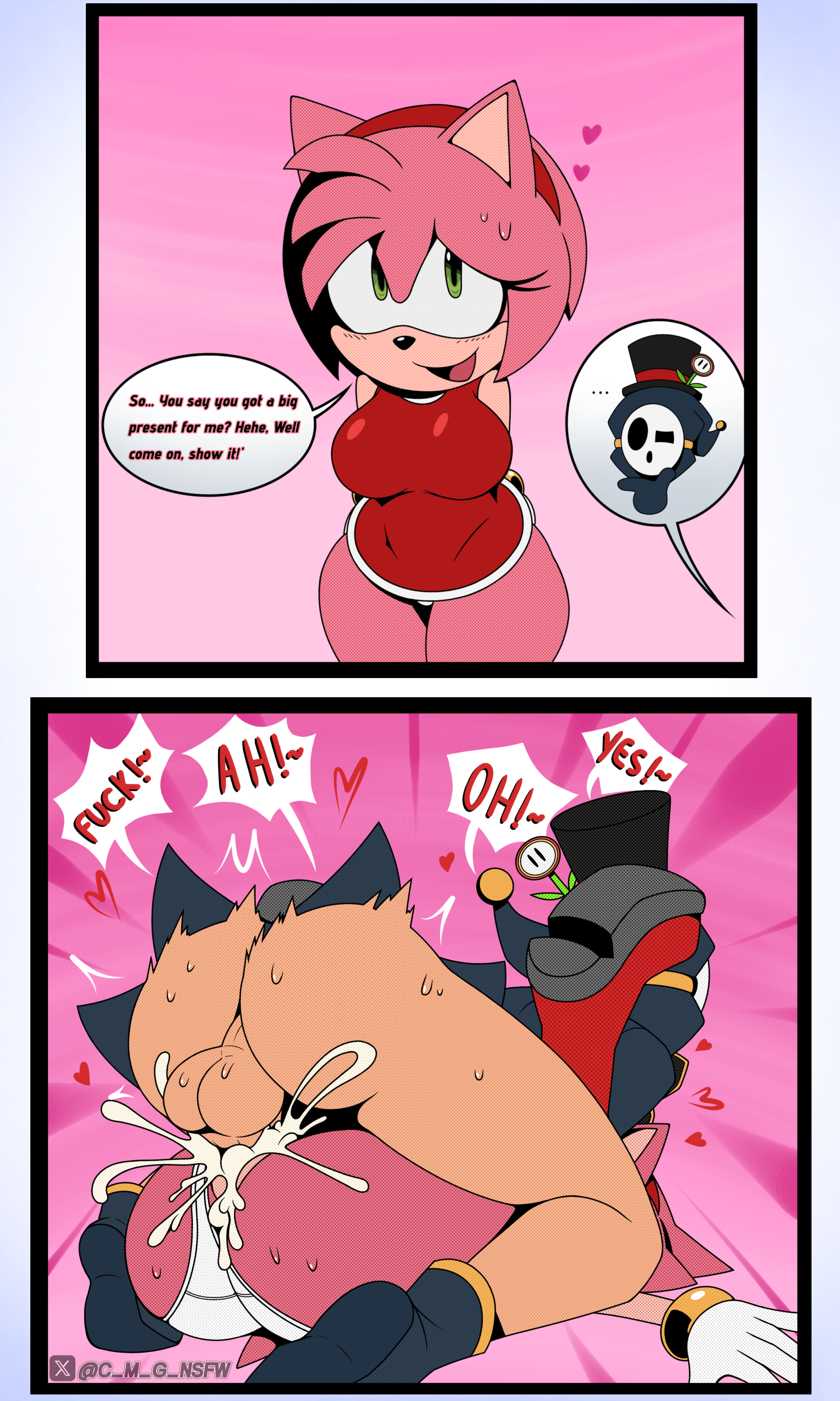 1boy, 1girls, amy rose, anti groove, ass, big ass, big breasts, boots, breasts, comic, commission, cum, cum in pussy, duo, english text, female, gloves, glowing eyes, green eyes, heart symbol, instant loss 2koma, male, mating press, mobian (species), oc, panties, pink background, pink body, pink fur, pussy, sega, sex, shy guy, smile, smiling at viewer, sonic (series), sonic the hedgehog (series), text, thick thighs, vaginal penetration, white panties