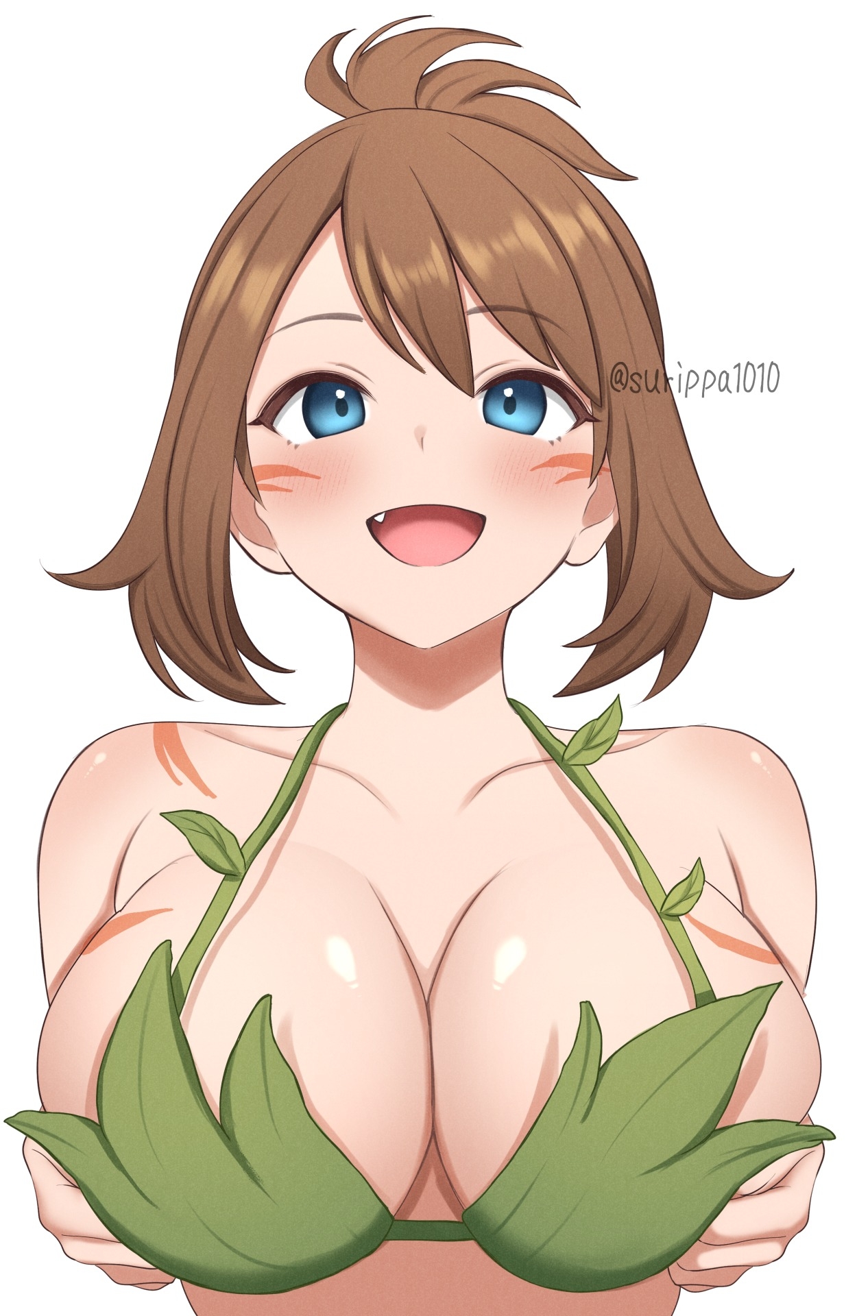 alternate breast size, bare arms, bare shoulders, big breasts, bikini, blue eyes, blush, body blush, breasts, brown hair, cleavage, collarbone, female, grabbing own breast, leaf bikini, medium hair, oerba yun fang, open mouth, pokemon, pokemon adventures, sapphire birch (pokemon), shiny skin, smile, straight, surippa1010, upper body