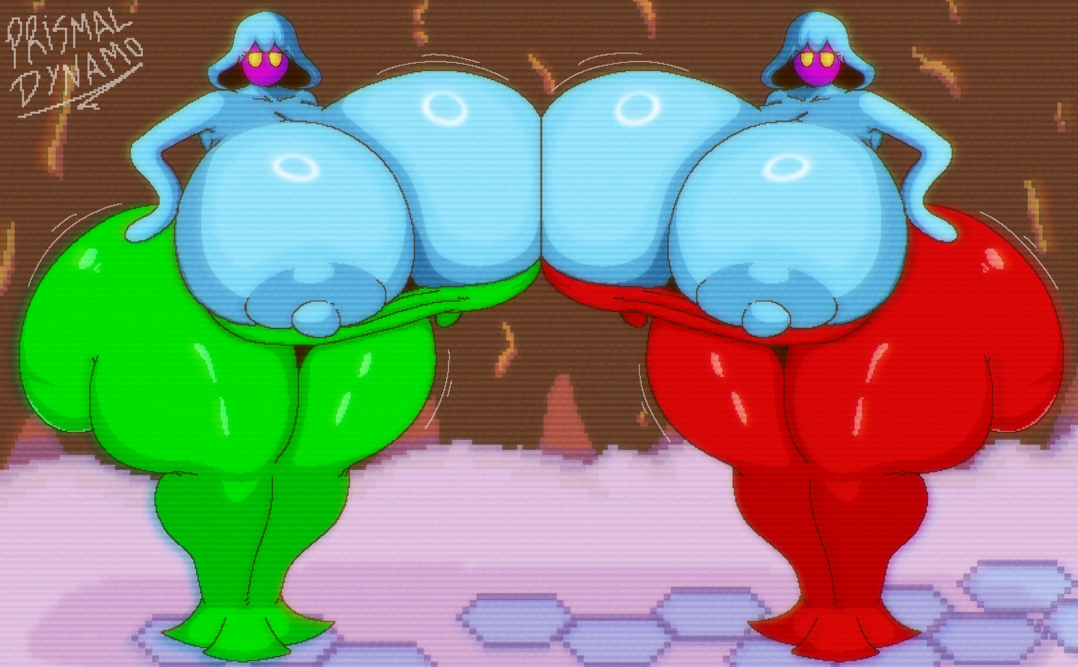 2girls, anthro, ass, breasts, enormous breasts, female, gigi (mario), huge breasts, hyper, hyper ass, hyper breasts, hyper thighs, jellyfish sisters, large breasts, mario (series), mario and luigi (series), mario and luigi: superstar saga, merri (mario), nintendo, plump, prismal dynamo, thicc, wide hips