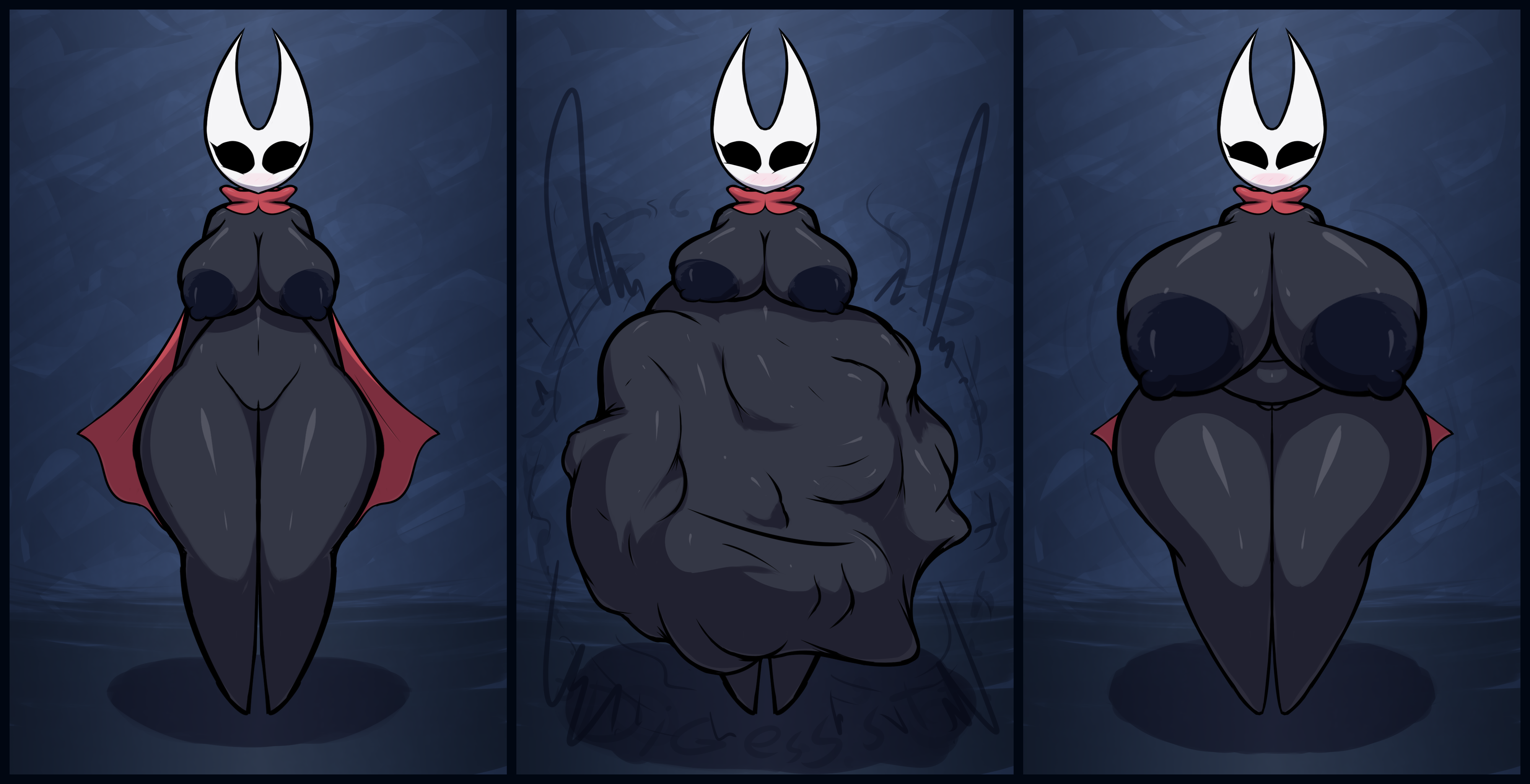 ass, ass expansion, big ass, big belly, big breasts, black body, breast expansion, breast growth, breast growth (enlargement), breasts, cape, digestion, fatal vore, female, female pred, happy, hollow knight, hornet (hollow knight), meloeatta, red clothing, sequence, struggling, struggling prey, unknown prey, vore, vore belly