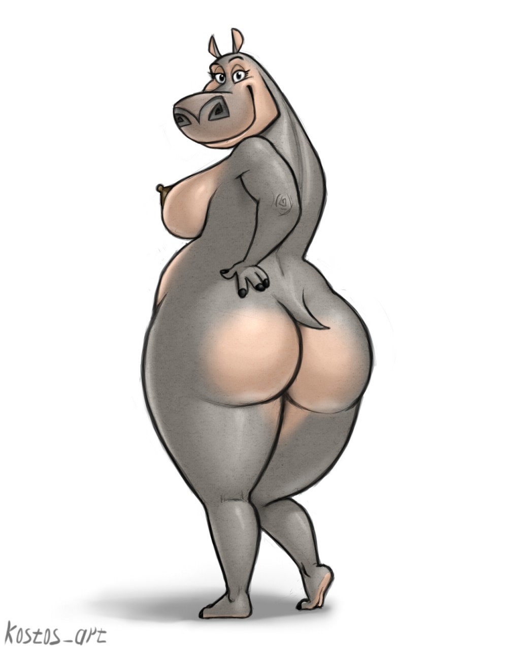 1girls 2017 anthro ass big_butt breasts butt_crack dreamworks female gloria_the_hippopotamus hippopotamus kostos_art looking_at_viewer looking_back madagascar_(series) mammal nipples nude sideboob slightly_chubby smile solo