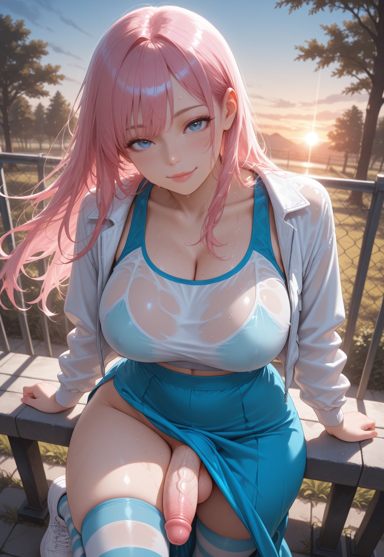 1futa, ai generated, balls, big breasts, big penis, blue eyes, bra visible through clothes, breasts, cleavage, from above, futa only, futanari, intersex, jamesbron, knee up, large breasts, large penis, leaning back, legwear, looking at viewer, navel, no panties, penis, pink hair, skirt, smile, solo, solo futa, stockings, striped thighhighs, sunset, thighhighs, thighs, veiny penis, wide hips