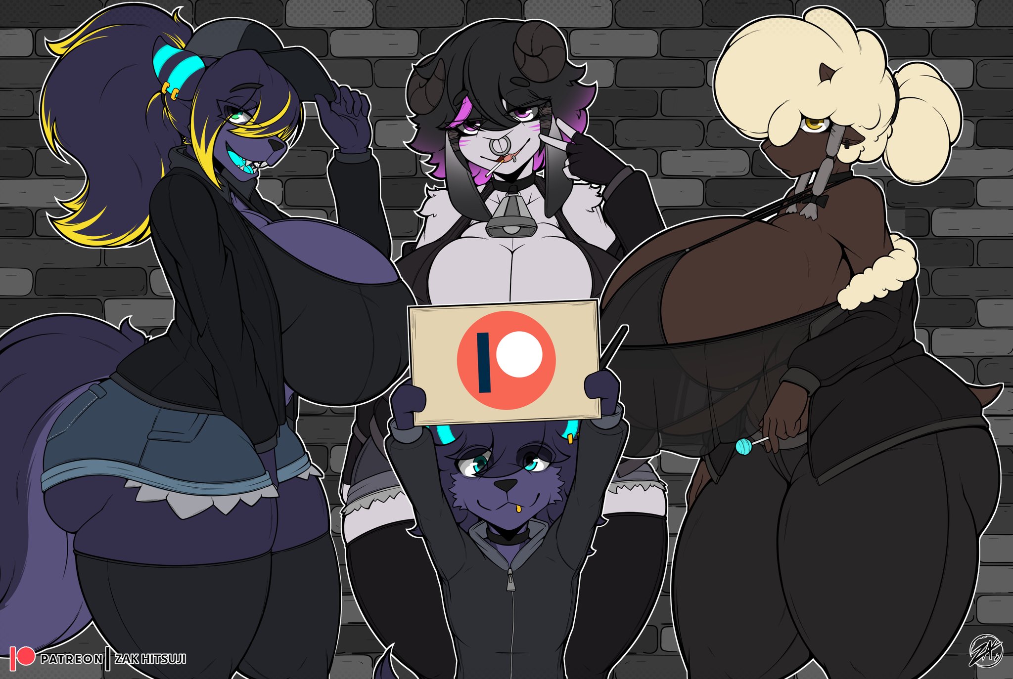 :3, :d, 1boy, 2025, 2d, 3girls, anthro, anthro only, ass, baseball cap, bedroom eyes, big ass, big breasts, big butt, big thighs, black thighhighs, blue tongue, booty shorts, breasts, child bearing hips, choker, cleavage, clothing, curvy, curvy body, curvy female, curvy figure, dolly (jiqqy), earrings, emotionless, ewe, eyebrows, eyelashes, female, female focus, furry, furry female, furry male, furry only, goat, goat horns, gold piercing, hi res, highres, hips, hoodie, hourglass figure, huge ass, huge breasts, hyper, hyper breasts, hyper thighs, jean shorts, large ass, large breasts, large butt, larger female, lip ring, lollipop, looking at viewer, male, mammal, nila (zak hitsuji), nintendo, patreon, patreon logo, pink eyes, pink hair, pinup, pokemon, pokemon (species), round ass, sheep, sign, skimpy, skimpy clothes, skindentation, slim waist, smaller male, smile, tai (zak hitsuji), thick thighs, thighhighs, thighs, white fur, white hair, wide hips, wolf, wolf boy, wolf ears, wooloo, yellow eyes, zak (zak hitsuji), zak hitsuji