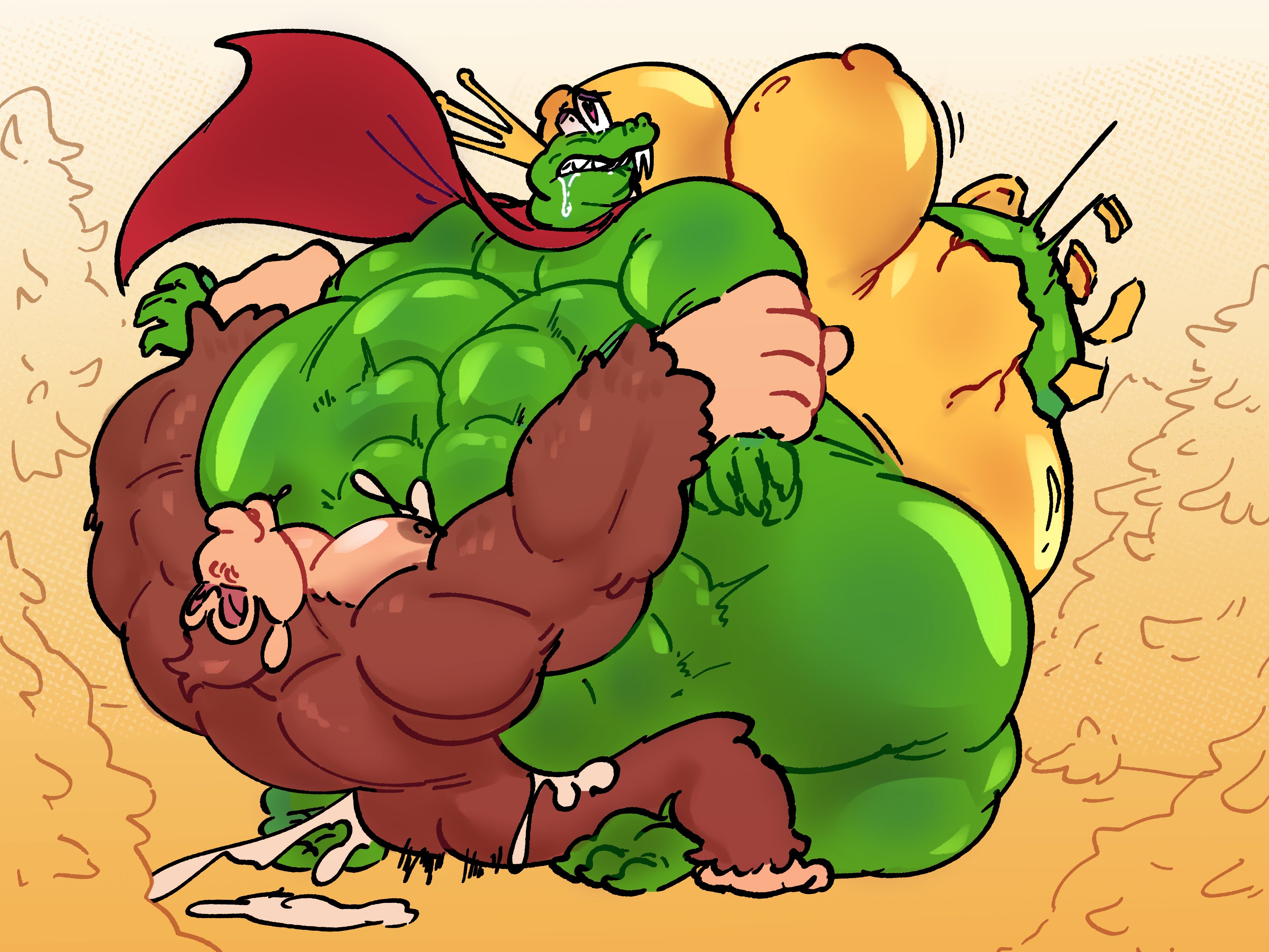 2boys, anal, anal sex, anthro, arm grab, ass, ass focus, bbm, bhm, bouncing ass, bouncing moobs, breasts, brown fur, cape, crocodilian, crown, cum, cum in ass, cum inside, cum overflow, cumflated belly, cumflation, donkey kong, donkey kong (series), drooling, fat ass, gammanaut, gorilla, green body, green skin, hi res, highres, huge ass, huge moobs, huge thighs, k rool, kremling, male, male only, male with breasts, massive ass, moobs, muscular, muscular chest, muscular male, nintendo, outdoor sex, outdoors, primate, rippling ass, size difference, small dom big sub, stomach bulge, yaoi