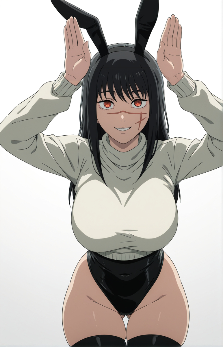 ai generated, black bunnysuit, bunny ears, bunnysuit, chainsaw man, crop top sweater, female, kreivan, sweater, white sweater, yoru (chainsaw man)