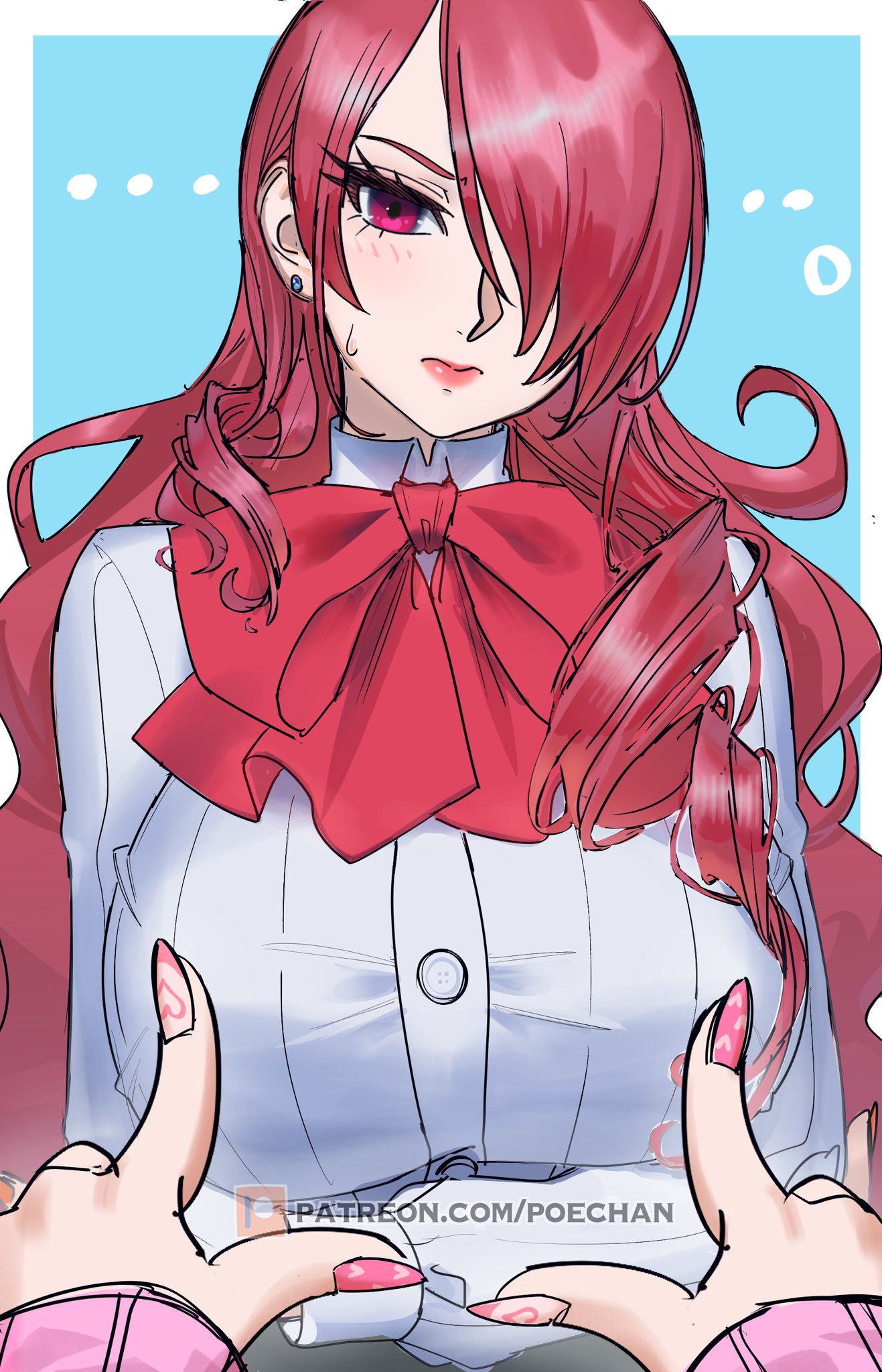 ..., 2girls, atlus, big breasts, blush, breasts, buttons, collared shirt, crossed arms, fake nails, female, female only, hair over one eye, heart, highres, index fingers raised, large breasts, lips, lipstick, long hair, looking at viewer, makeup, mitsuru kirijo, multiple females, multiple girls, nail polish, neck ribbon, persona, persona 3, pink lips, pink nails, pink sleeves, poechan, pointing, pov, pov hands, pursed lips, red eyes, red hair, red ribbon, ribbed shirt, ribbon, shirt, sweatdrop, taut clothes, taut shirt, yukari takeba