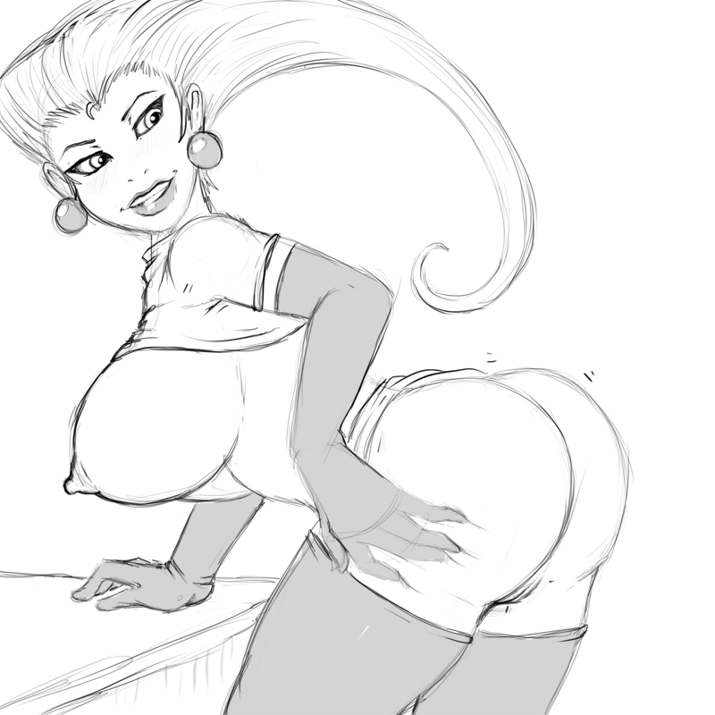 1girls, areolae, ass, bent over, big breasts, blush, breasts, earrings, erect nipples, female, fleatrollus, gloves, hand on ass, human, jessie (pokemon), lipstick, long hair, monochrome, mostly nude, nintendo, nipples, pokemon, shirt, shirt lift, skirt, smile, solo, standing, team rocket, teeth, thighhighs