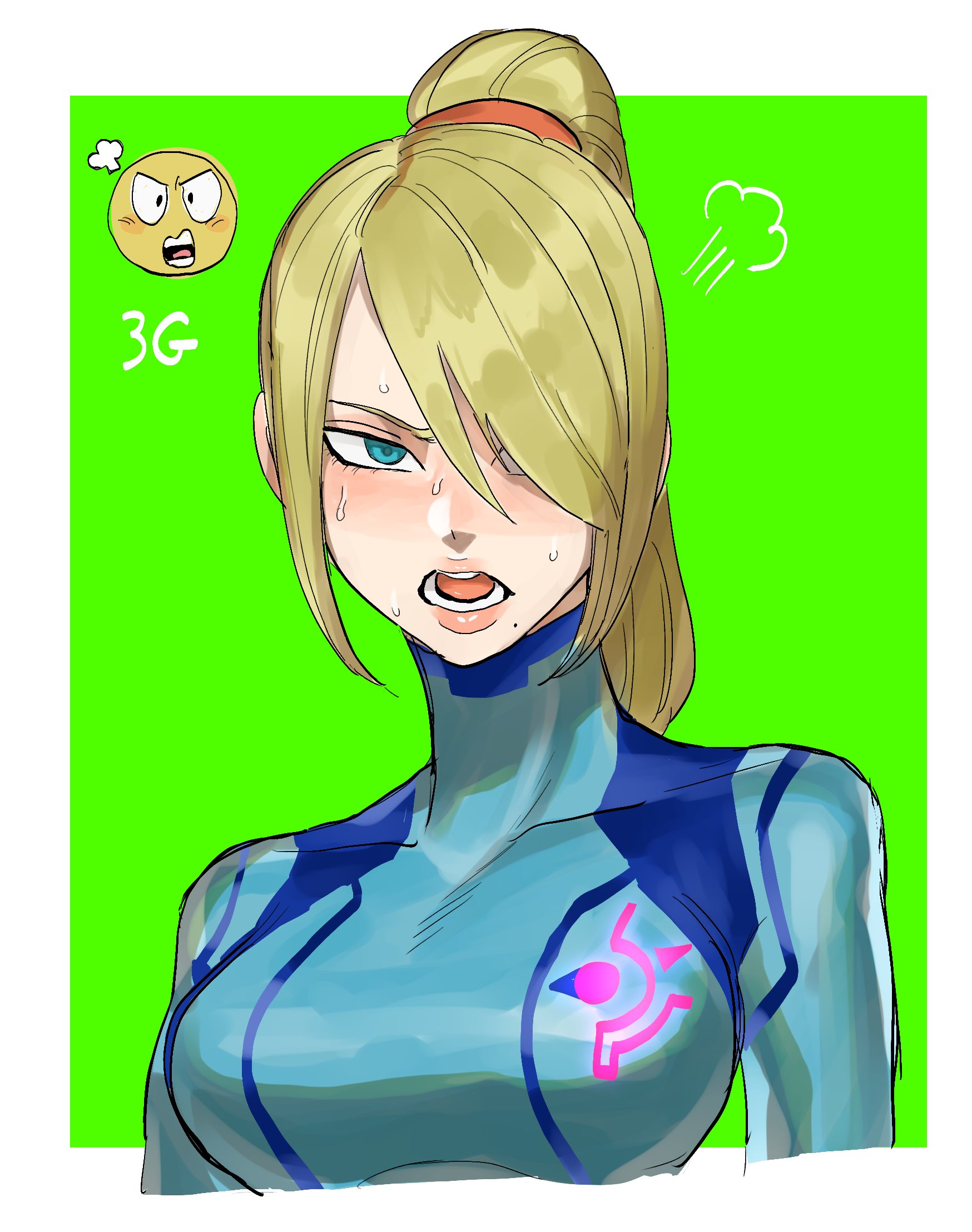 1girls, angry, annoyed, beauty mark, blonde hair, blue eyes, blush, breasts, female, hair over one eye, medium breasts, metroid, nintendo, open mouth, oshirimarsh, ponytail, samus aran, solo, zero suit samus