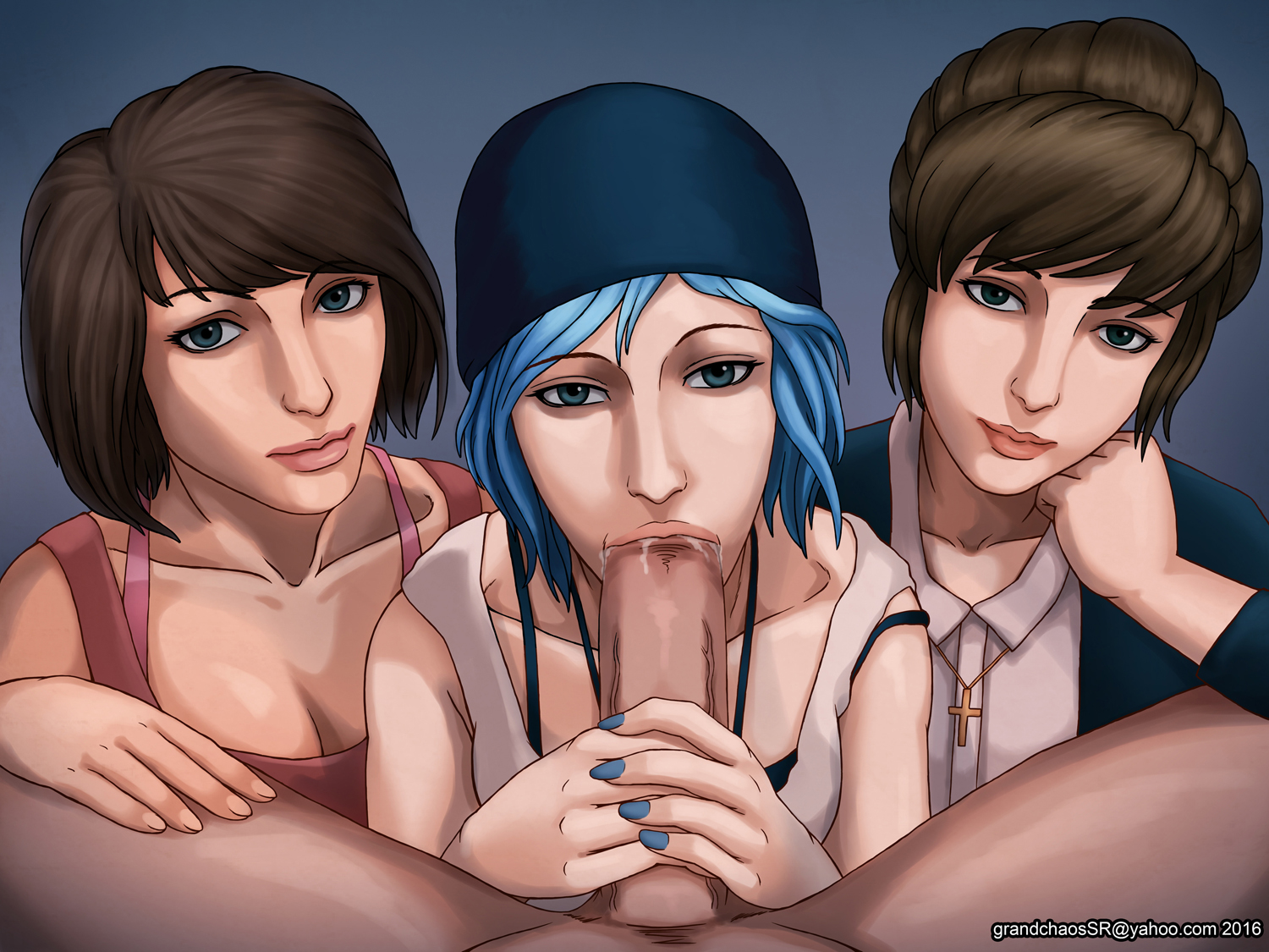 3girls, blue eyes, blue hair, blue nails, bra, brown hair, chloe price, clothed female nude male, collaborative fellatio, cross, cross necklace, fellatio, female, grandchaossr, hat, kate marsh, life is strange, looking at viewer, male, max caulfield, multiple females, multiple girls, nail polish, oral, partial male, penis, pov, religious girl, saliva, short hair, straight, teamwork