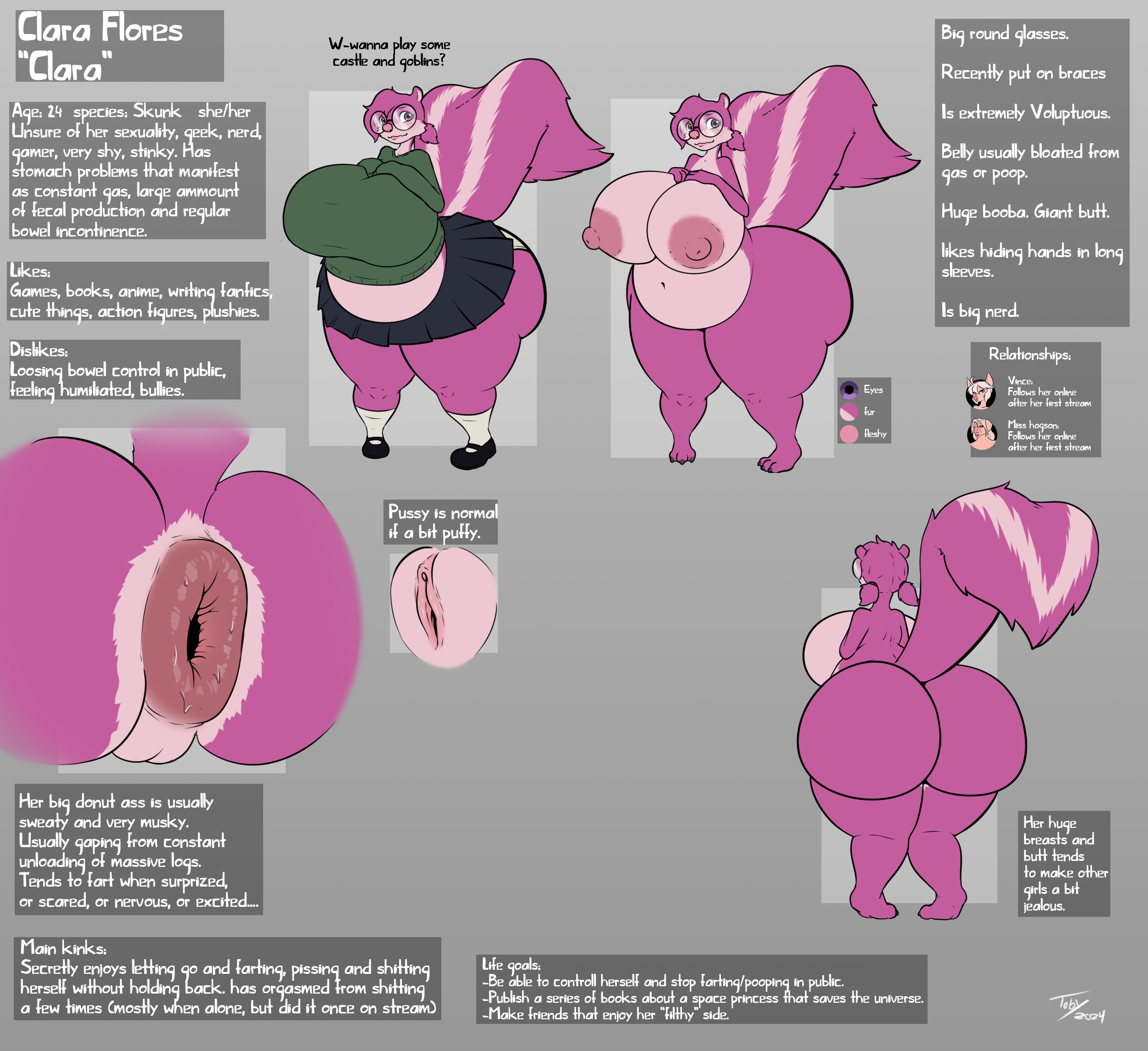 anthro, anus, areola, ass, big ass, big breasts, big butt, biped, breasts, clara flores, clothed, clothing, english text, female, genitals, hi res, huge ass, huge breasts, huge butt, mammal, mephitid, model sheet, nipples, nude, puffy anus, pussy, raised tail, skunk, solo, tail, tail anus, text, toby art