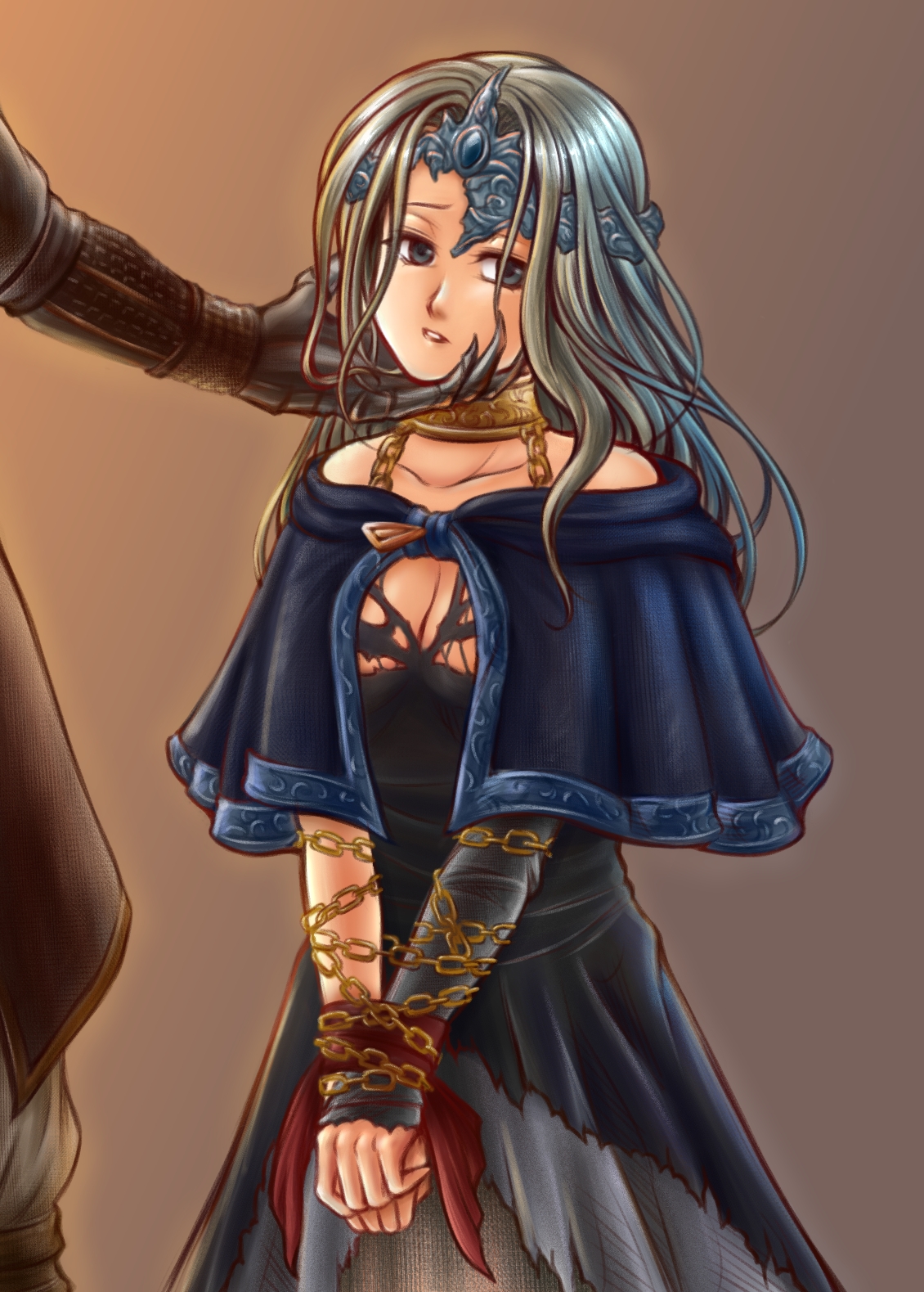 1girls, blonde hair, bondage, bound, bound hands, breasts, chains, dark souls, dark souls 3, female, fire keeper, fully clothed, headdress, imminent rape, long hair, small breasts, torn dress