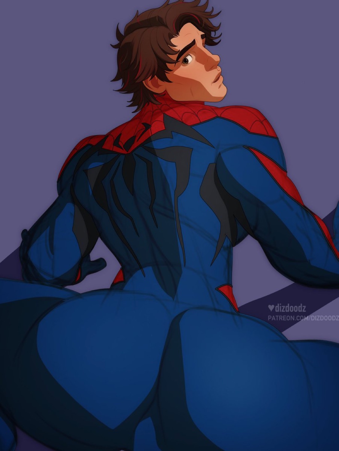 1boy, anticipation, ass, ass bigger than head, ass focus, bara, brown hair, caucasian, caucasian male, clothing, dizdoodz, gay, imminent sex, male, male only, marvel, marvel comics, marvel rivals, muscular, muscular male, peter parker, small waist, solo male, spider-man, spider-man (marvel rivals), spider-man (series), submissive male, yaoi